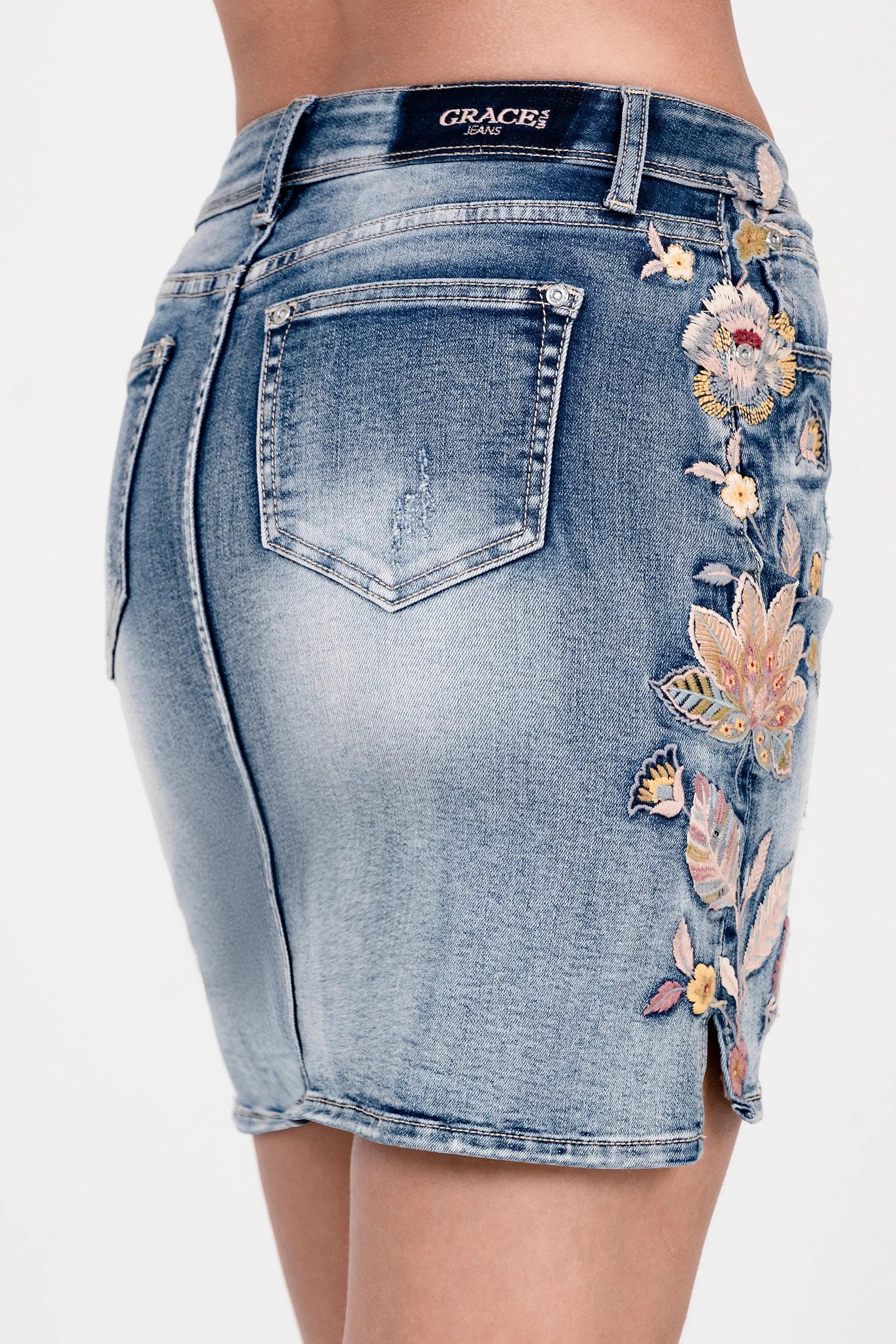 Feather Colorful Embroidered Denim Skirt Grace in LA - Denim