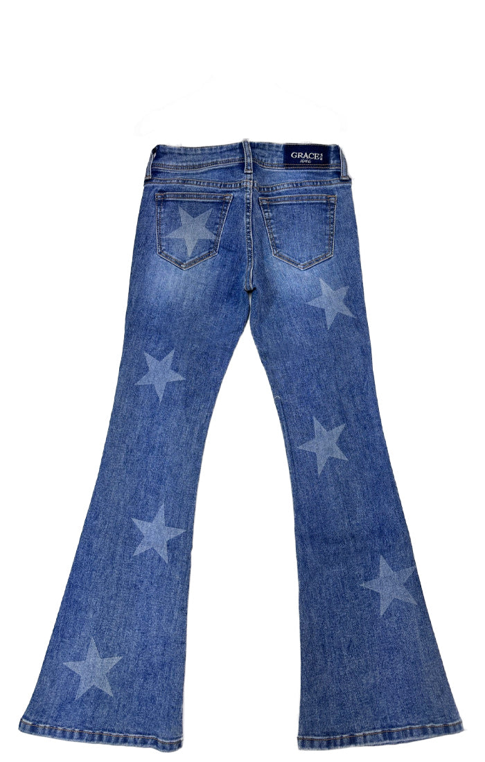 Grace in LA embroidered jeans women featuring intricate white western scrollwork and silver rhinestone studs on the front coin pocket.