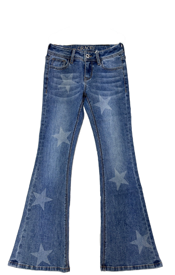 Grace in LA womens flare jeans in a medium blue denim finish featuring all-over faded star patterns and a wide leg silhouette.