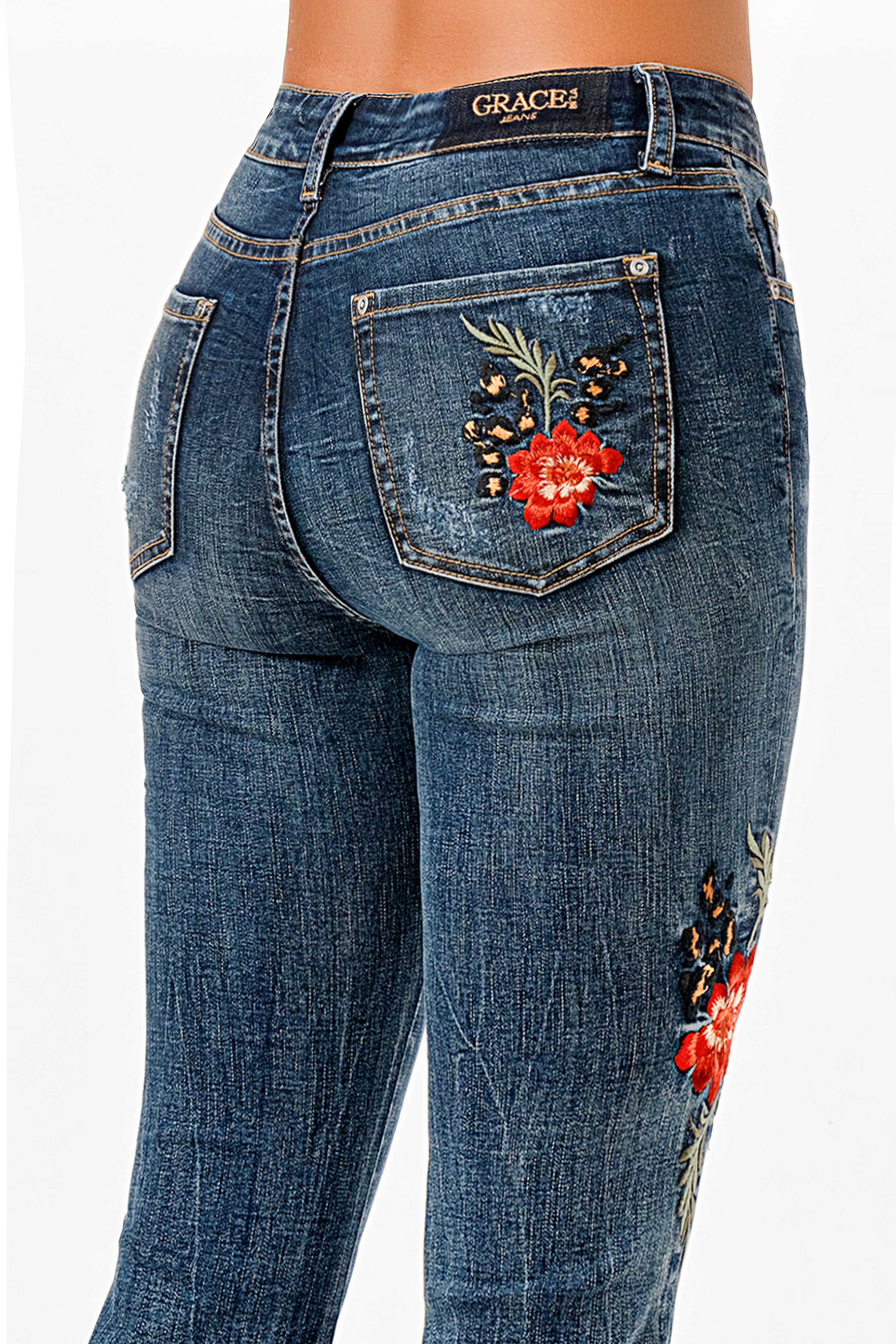 Floral Embroidered Detail High Waist Flare Grace in LA - Denim