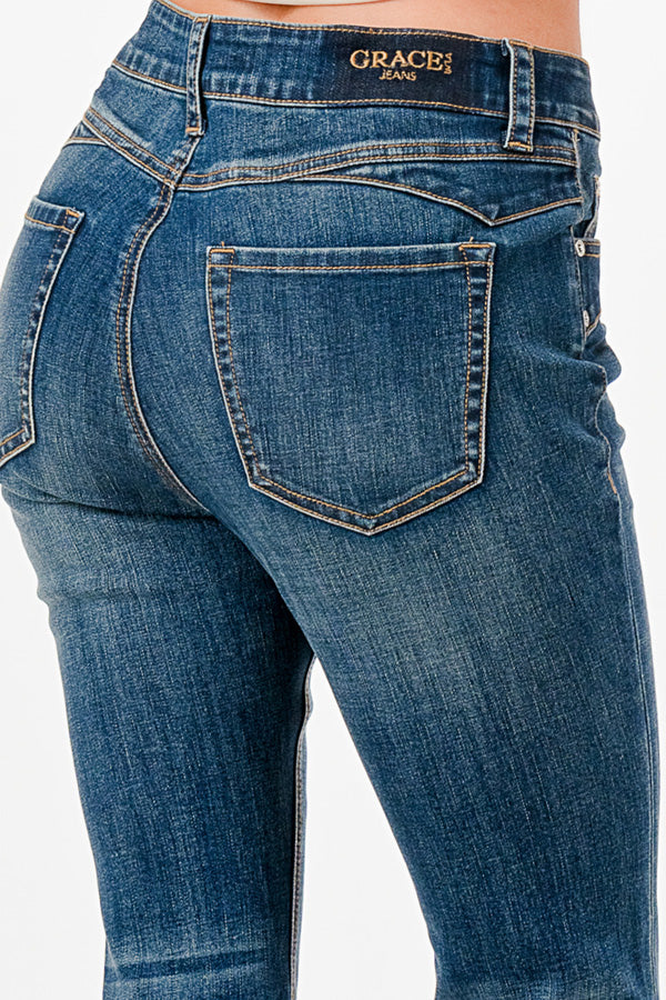 Cutting Detail MD Blue Wash High Waist Flare