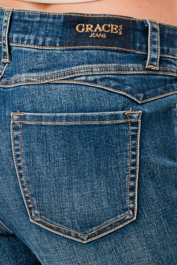 Cutting Detail MD Blue Wash High Waist Flare