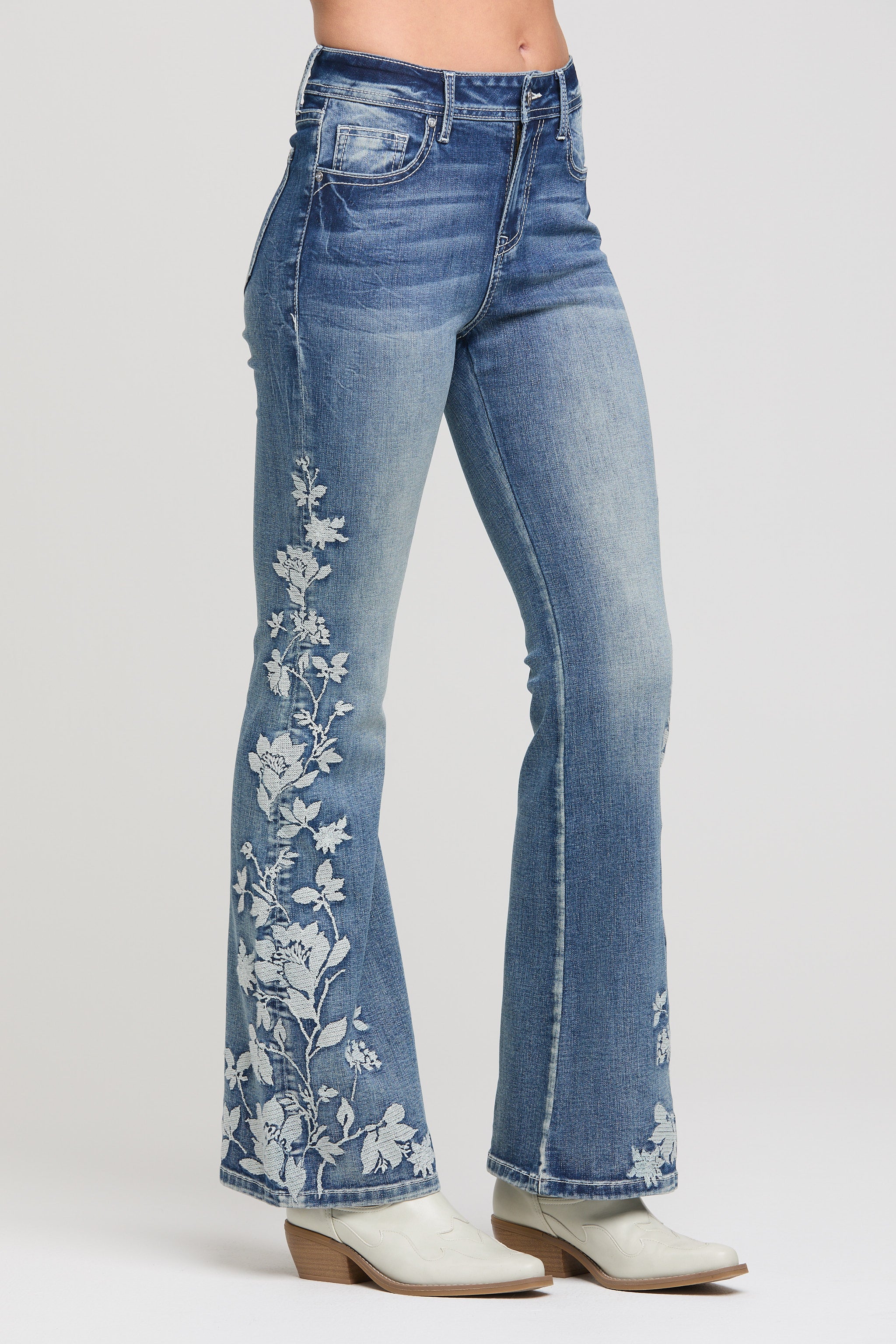 Grace in LA Women's High Rise Flared Jeans with White Floral Embroidery - Side View Western Style