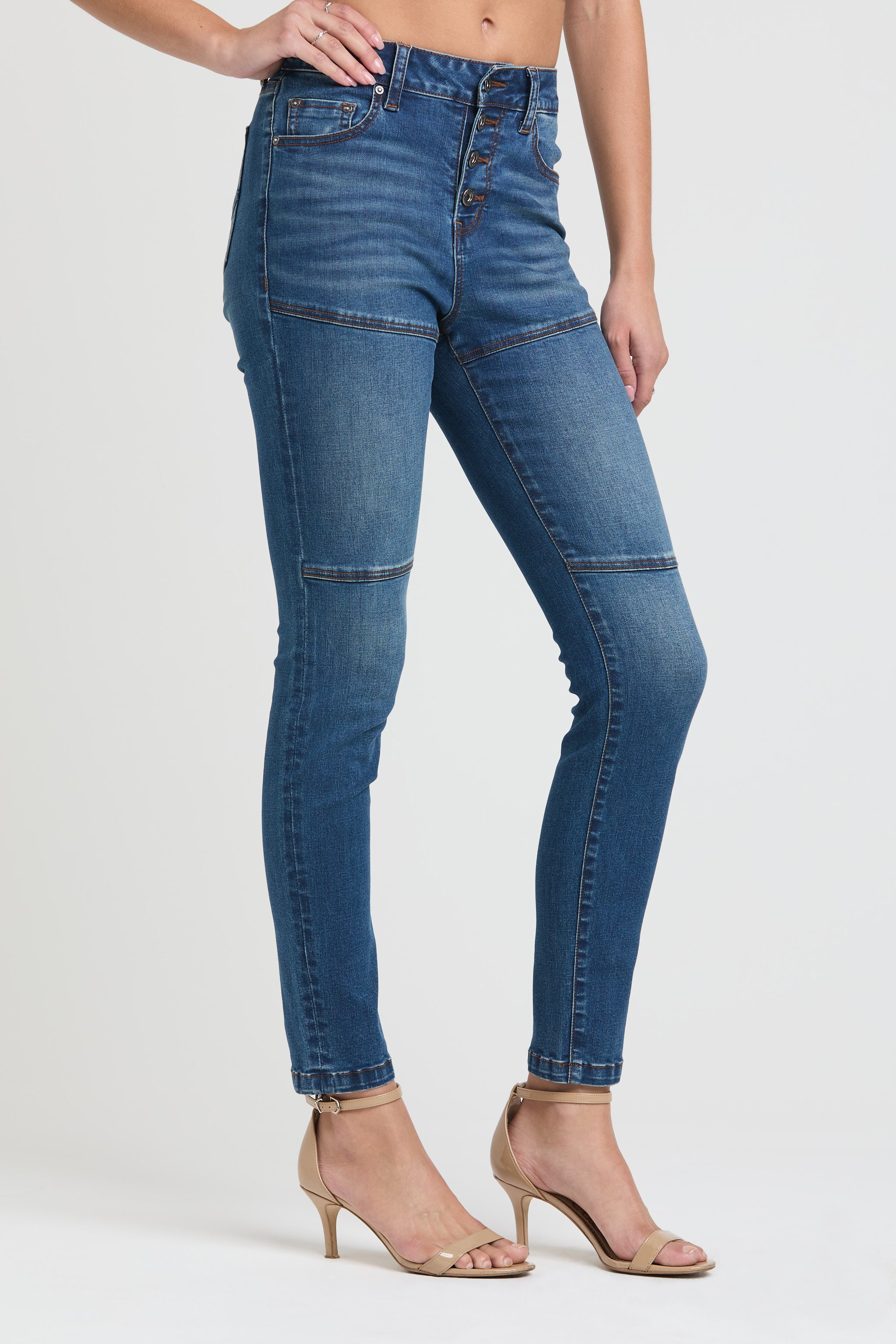 Grace in LA high rise bootcut jeans for women in a sleek dark wash with a classic double-button waist closure.