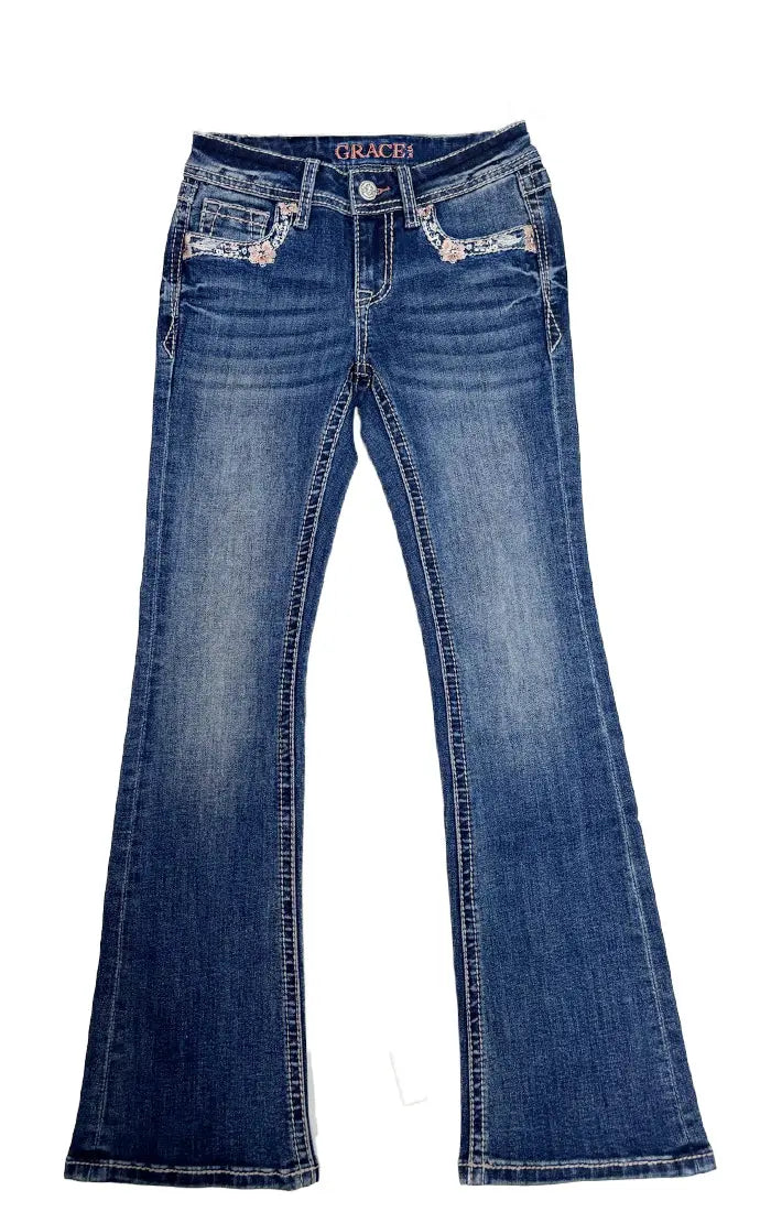 Hibiscus Flowers Embellished Pocket Jeans Grace in LA GIRLS
