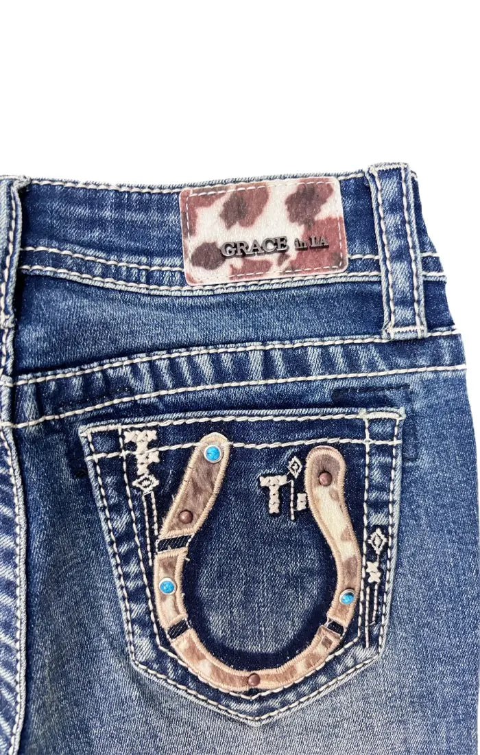 Horse Shoe /Cowhide Trims Girls Bootcut Jeans Grace in LA GIRLS