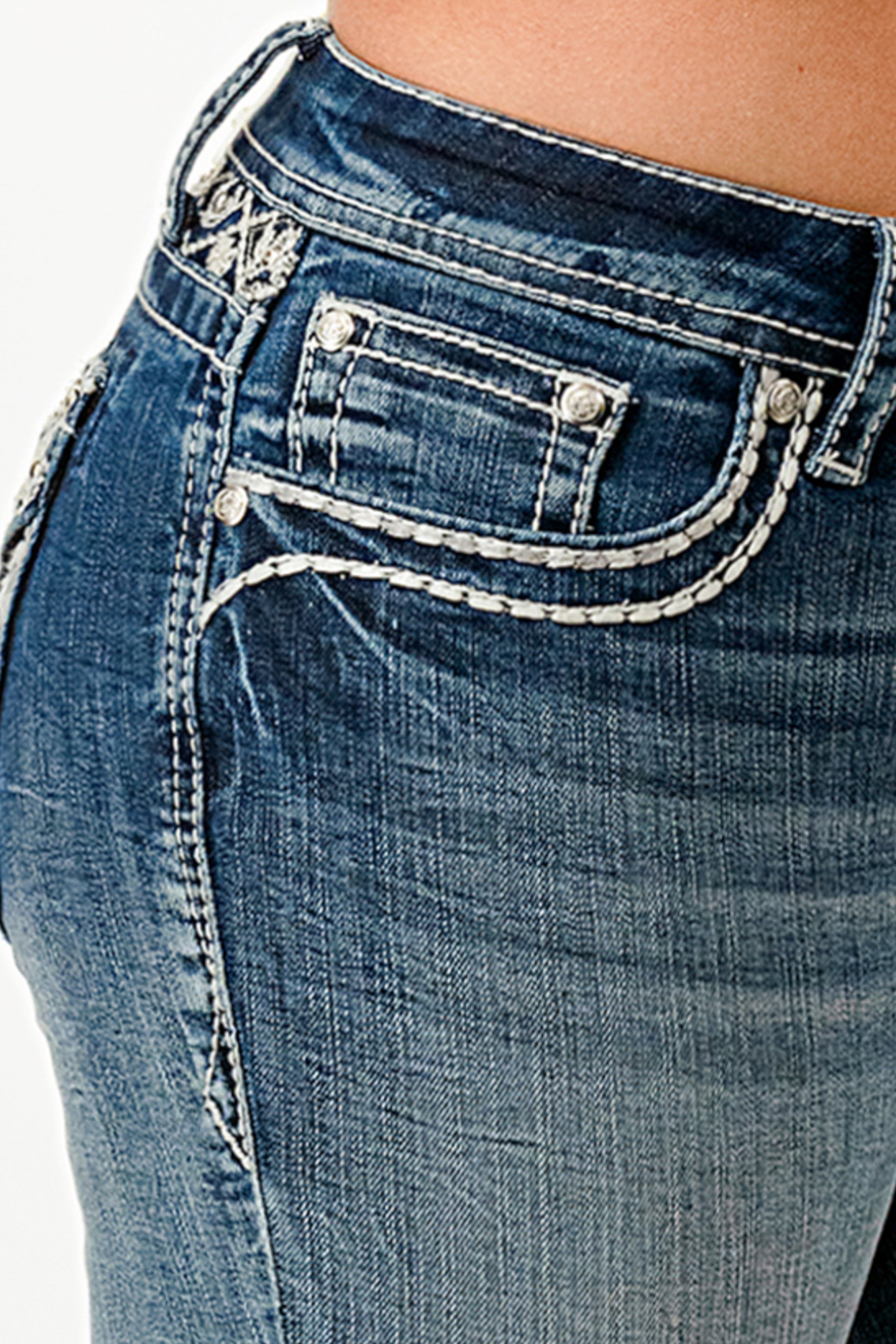 Grace in LA womens bootcut jeans with white braided whipstitch front pocket and hip detailing.