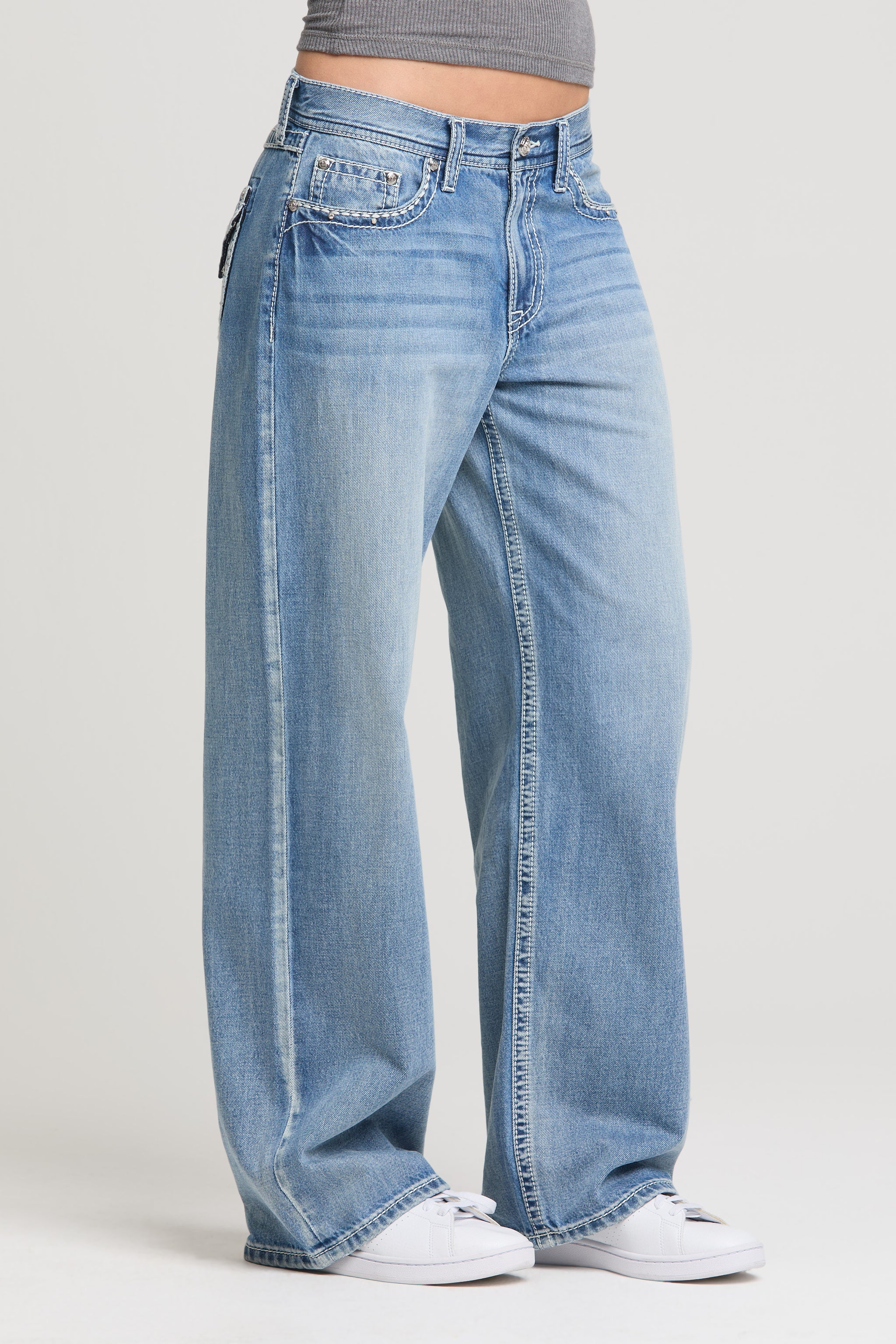 Grace in LA women’s light wash wide leg denim jeans front view