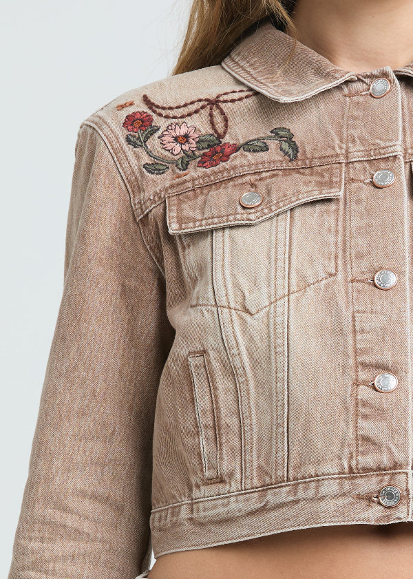 Grace in LA western embroidered denim jacket featuring detailed floral embroidery on the shoulder.