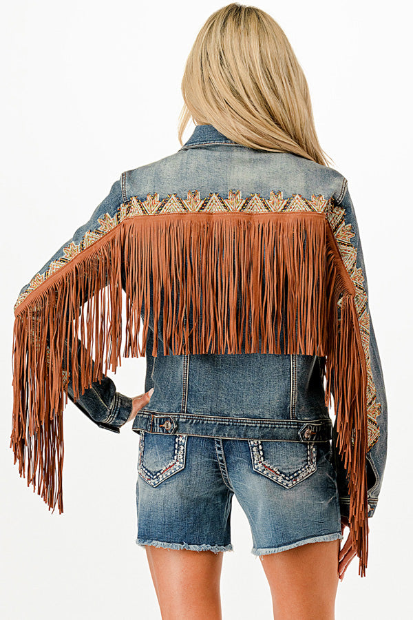 Tassel Trim/Aztec Embroidery Women's Denim Jacket