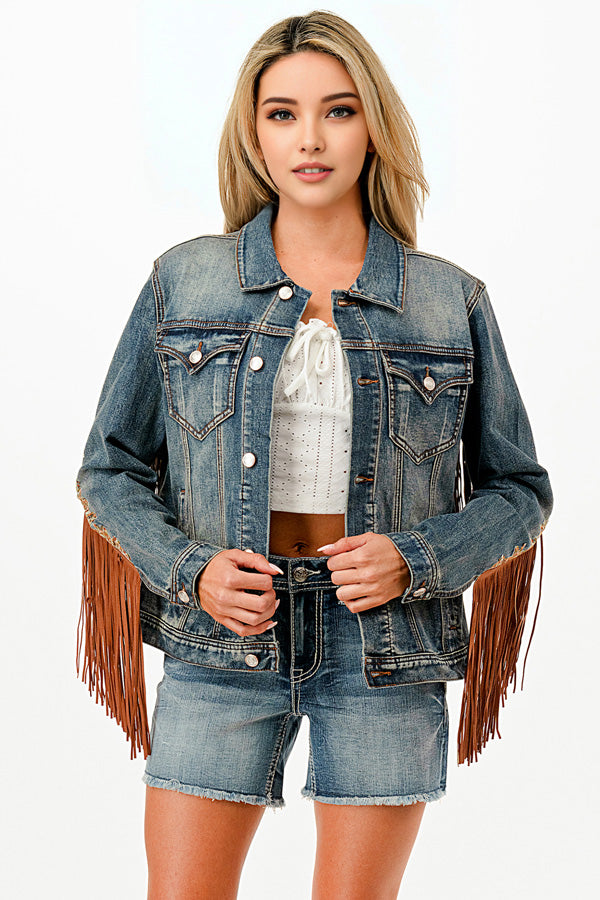 Tassel Trim/Aztec Embroidery Women's Denim Jacket