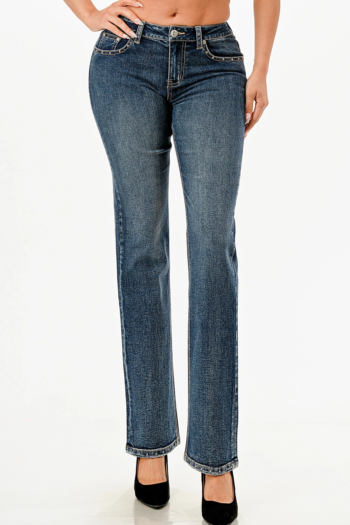 The Stuns Trim Detail Med Blue Mid Rise Straight Leg Jeans Grace in LA - Denim