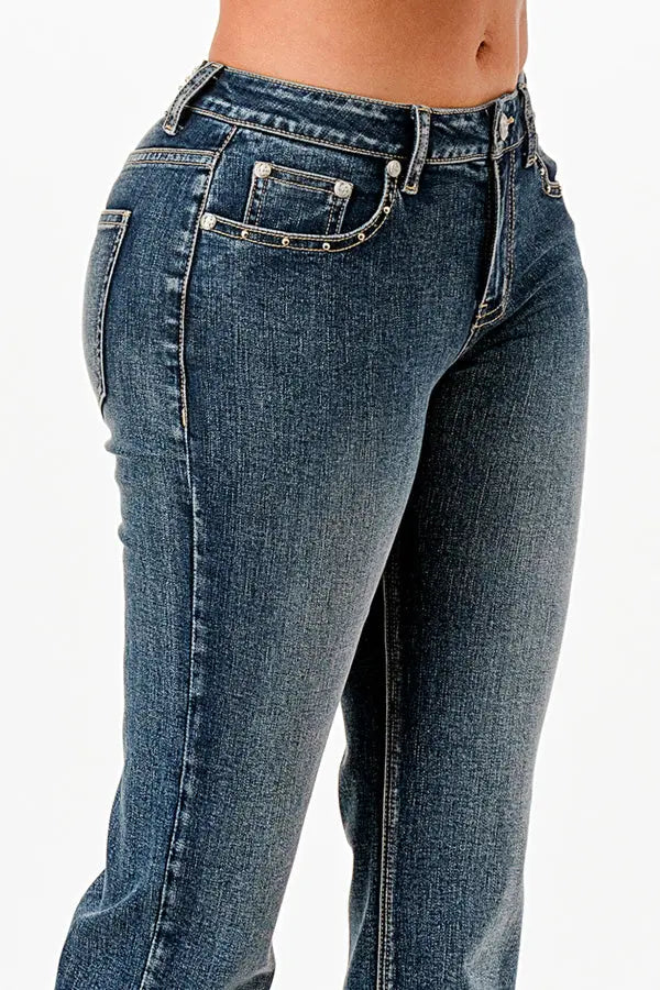 The Stuns Trim Detail Med Blue Mid Rise Straight Leg Jeans Grace in LA - Denim
