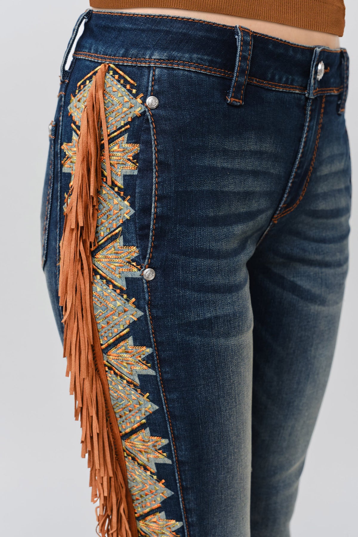 Grace in LA dark wash bootcut jeans full rear view with multicolor embroidery down the leg