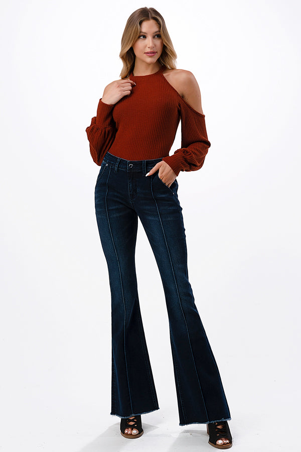 Seam Center Basic Recycle & Lycra Fabric Mid Rise Flare Jeans