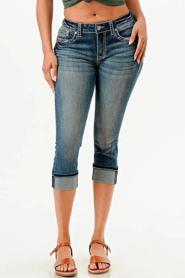 Americana Border Stitches Faux Flap Mid Rise Capri Jeans Grace in LA - Denim