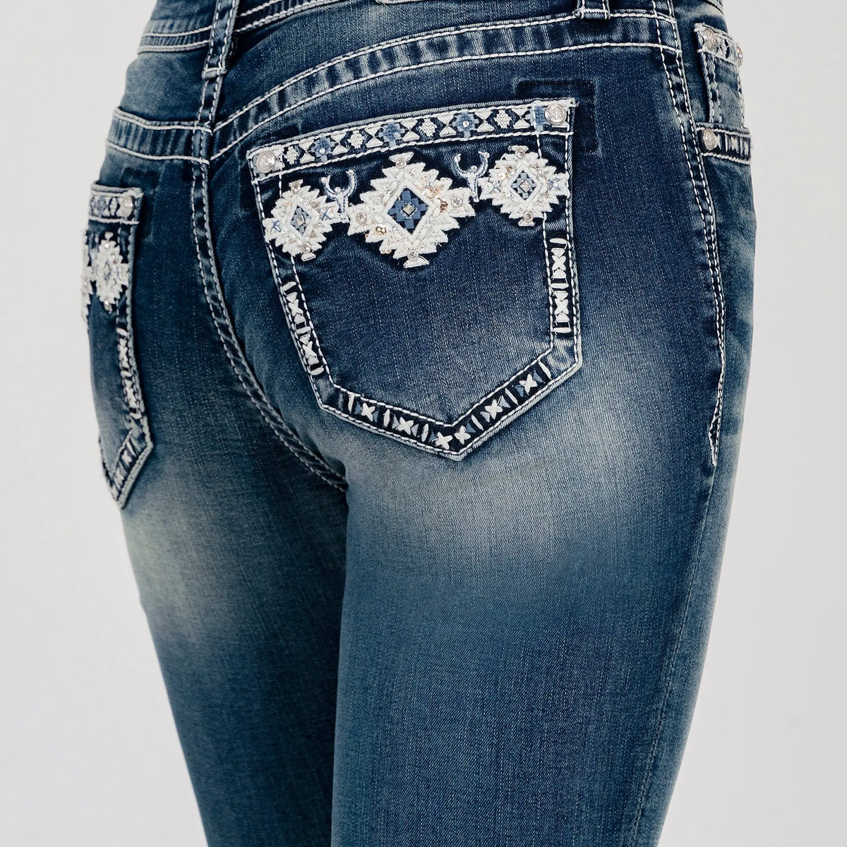 Aztec Embroidered Faux Flap Mid Rise Bootcut Jeans