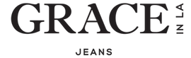 Official Grace in LA Jeans brand logo featuring black serif typography with a vertical 'IN LA' detail on a transparent background.