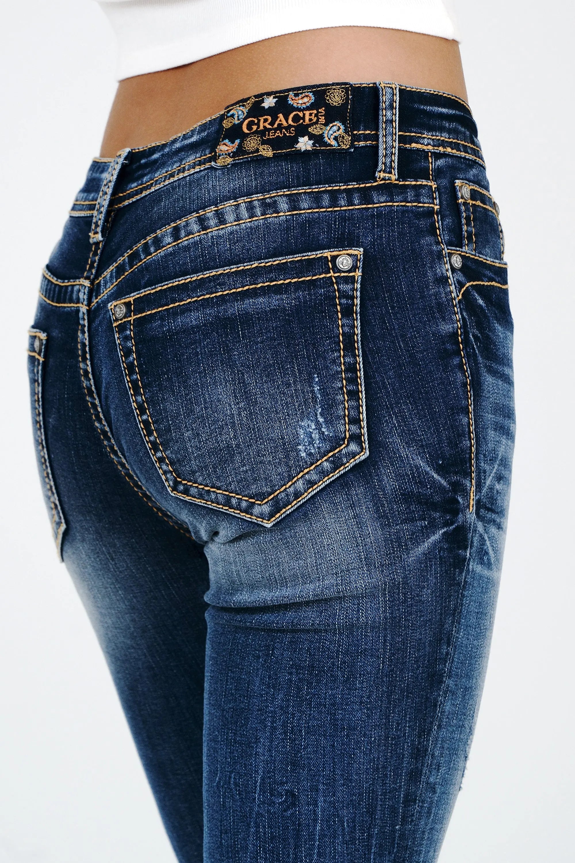 Basic 5 Pocket Med Blue Mid Rise  Bootcut Jeans Grace in LA - Denim