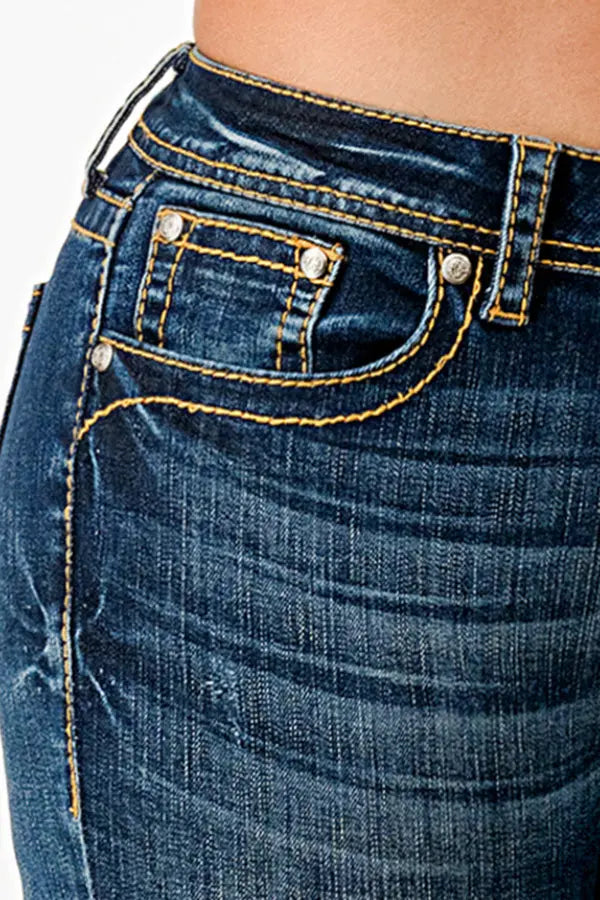 Basic 5 Pockets Med Blue Mid Rise  Bootcut Jeans Grace in LA