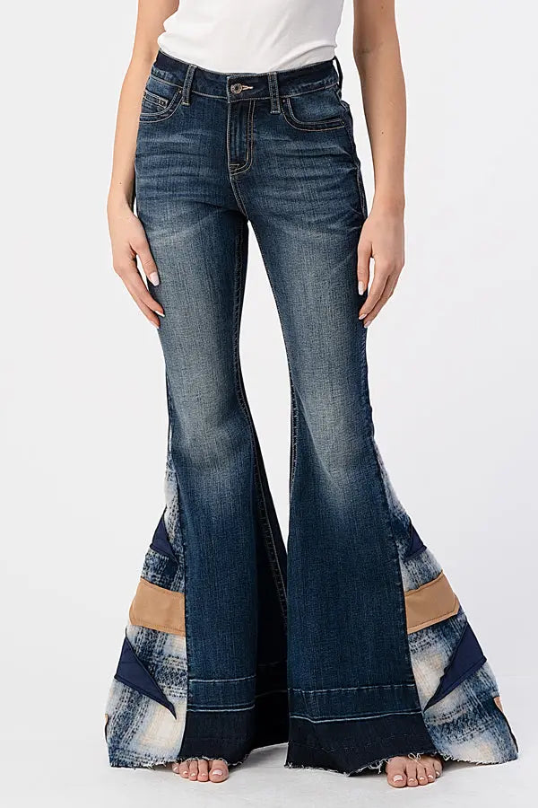 Bell Bottom Trim Detail Med Blue Wash High Waist Fare Grace in LA