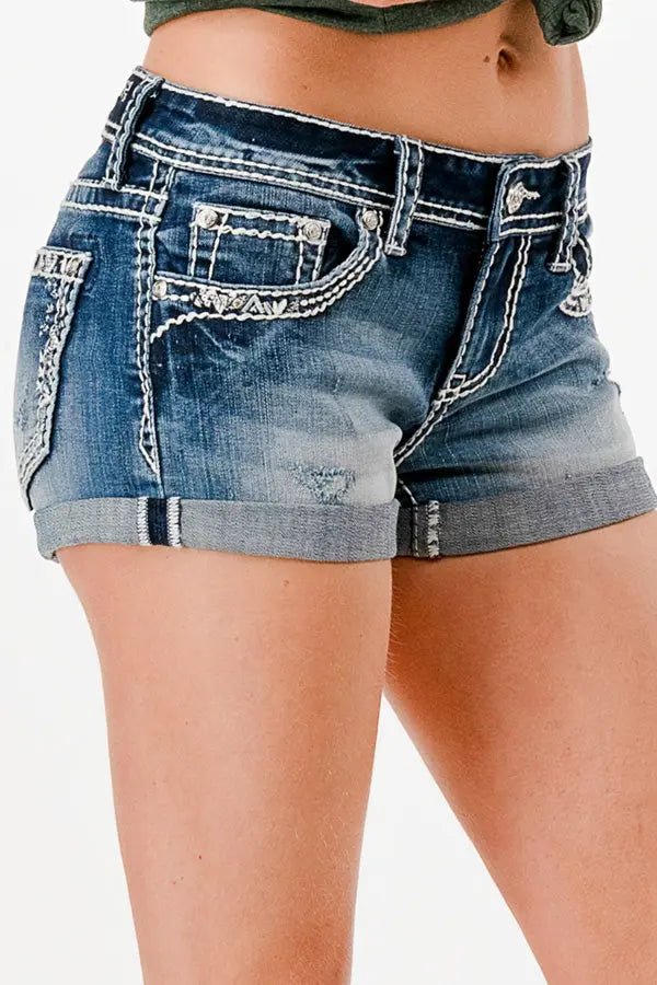 Border Embroidery Detail Mid Rise Denim Shorts Grace in LA - Denim