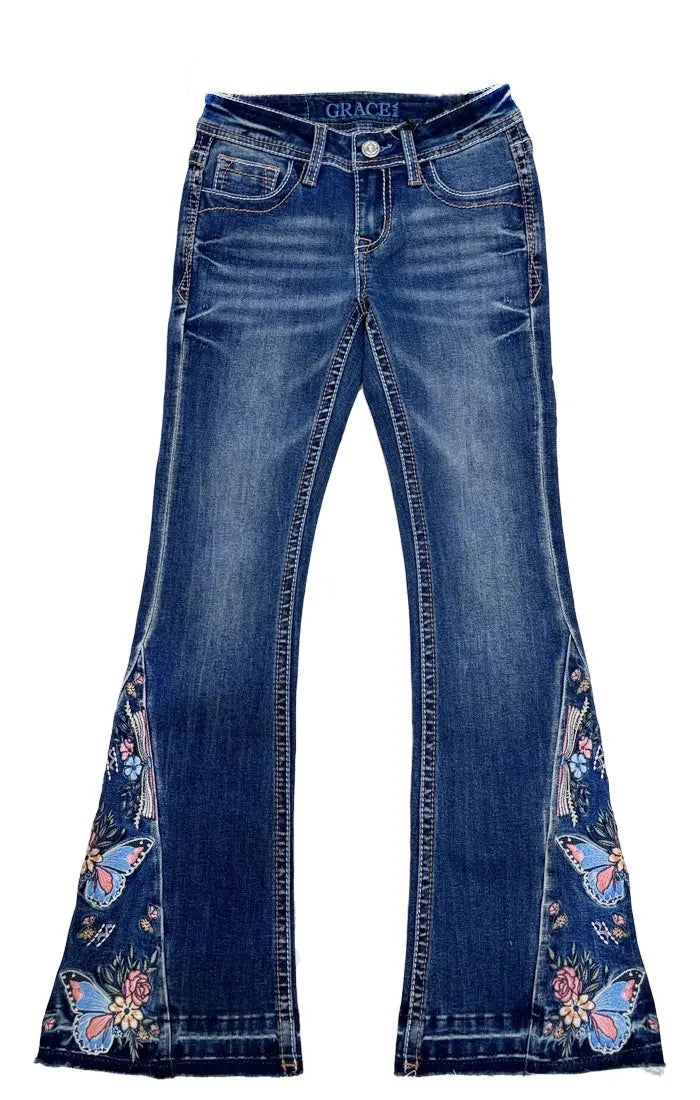 Butterflies Floral Embroidery on Hem Boho Girls Flare Jeans Grace in LA GIRLS