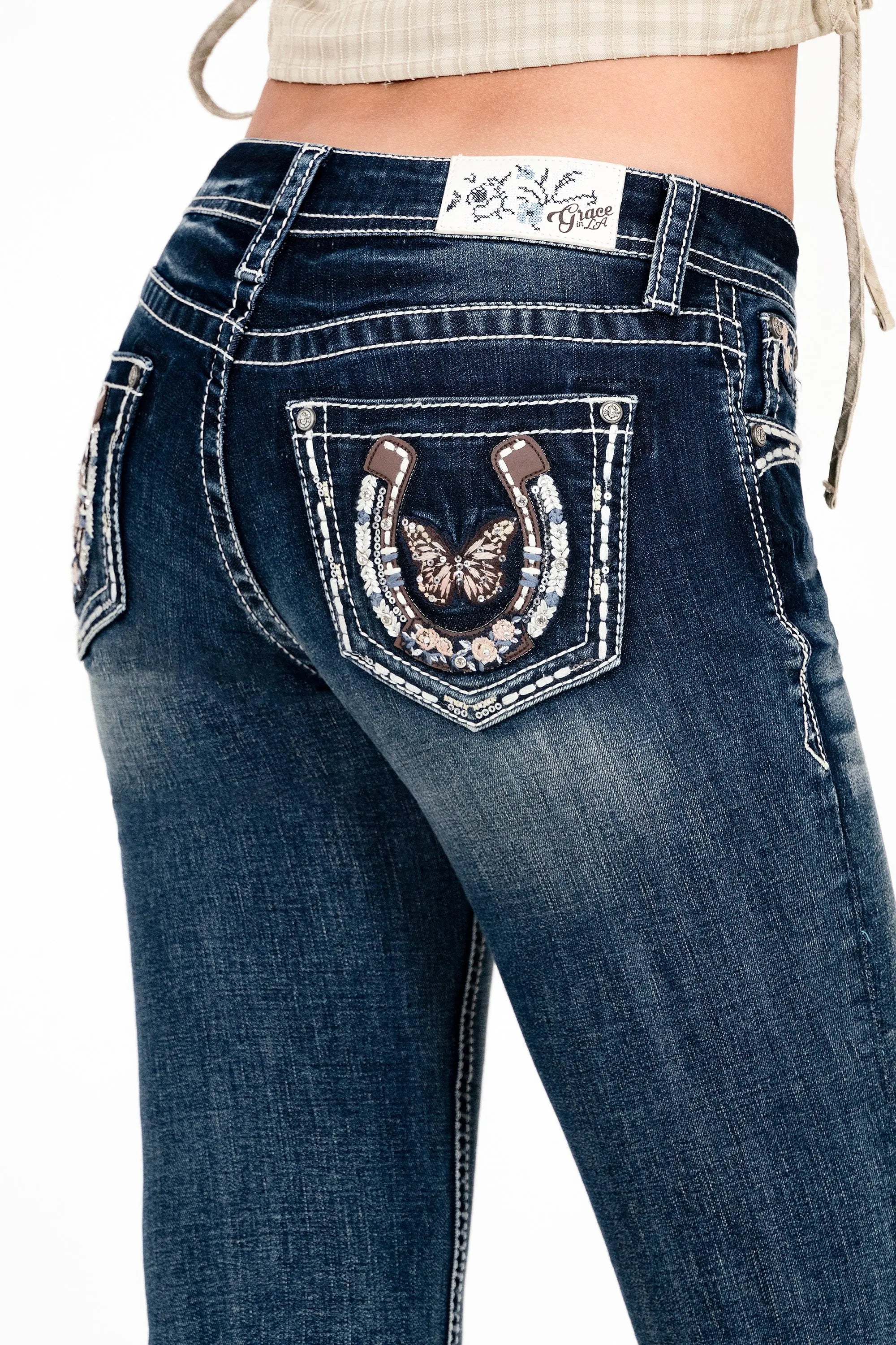 Butterfly/Horse Shoe Embroidery Mid Rise  Bootcut Jeans Grace in LA - Denim