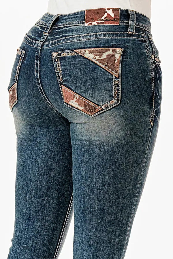 Cow Hide Trim Mid Rise  Bootcut Jeans Grace in LA - Denim