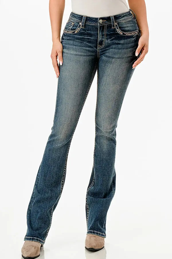 Cow Hide Trim Mid Rise  Bootcut Jeans Grace in LA - Denim