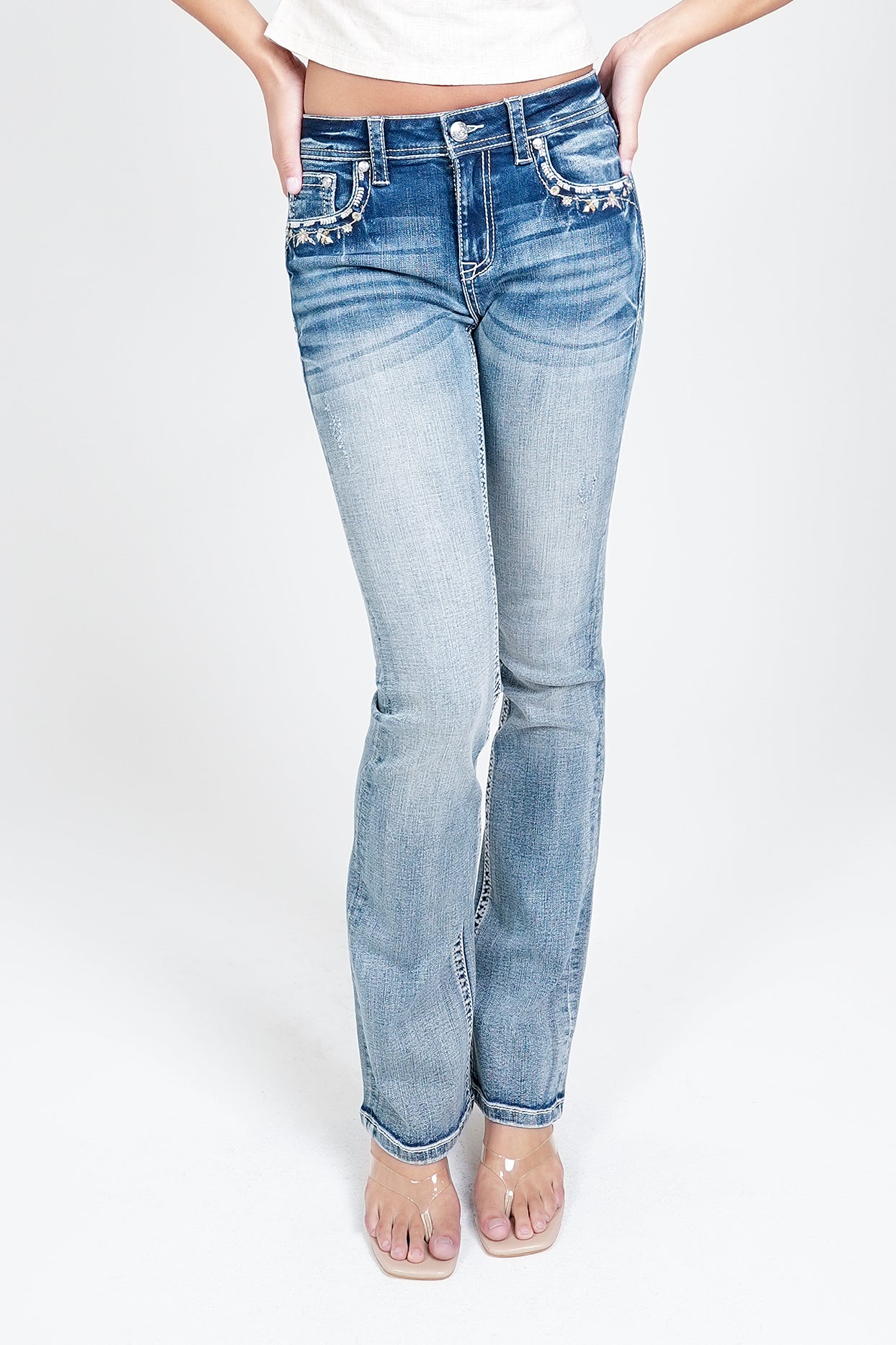 Floral Modify Faux Flap Embellished Mid Rise Bootcut Jeans