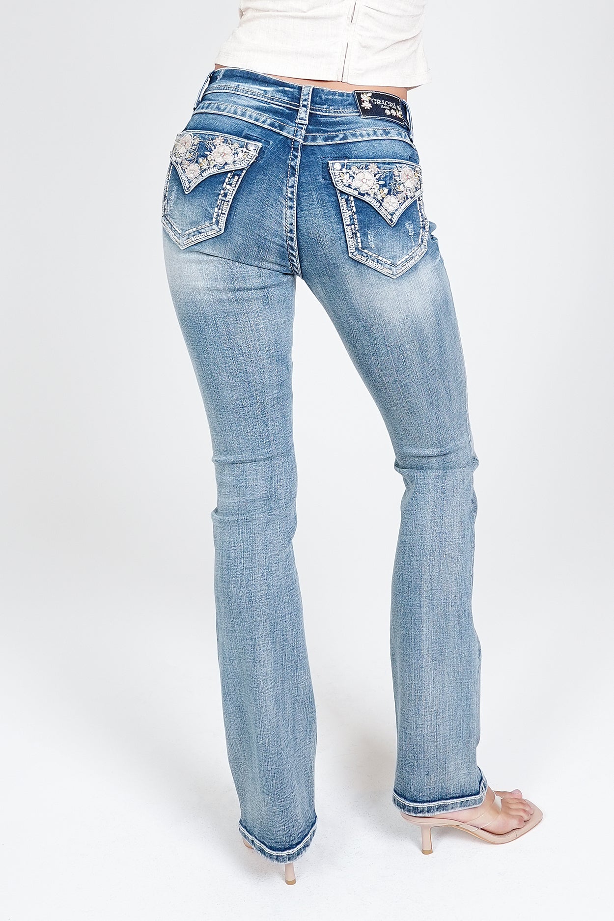 Floral Modify Faux Flap Embellished Mid Rise Bootcut Jeans