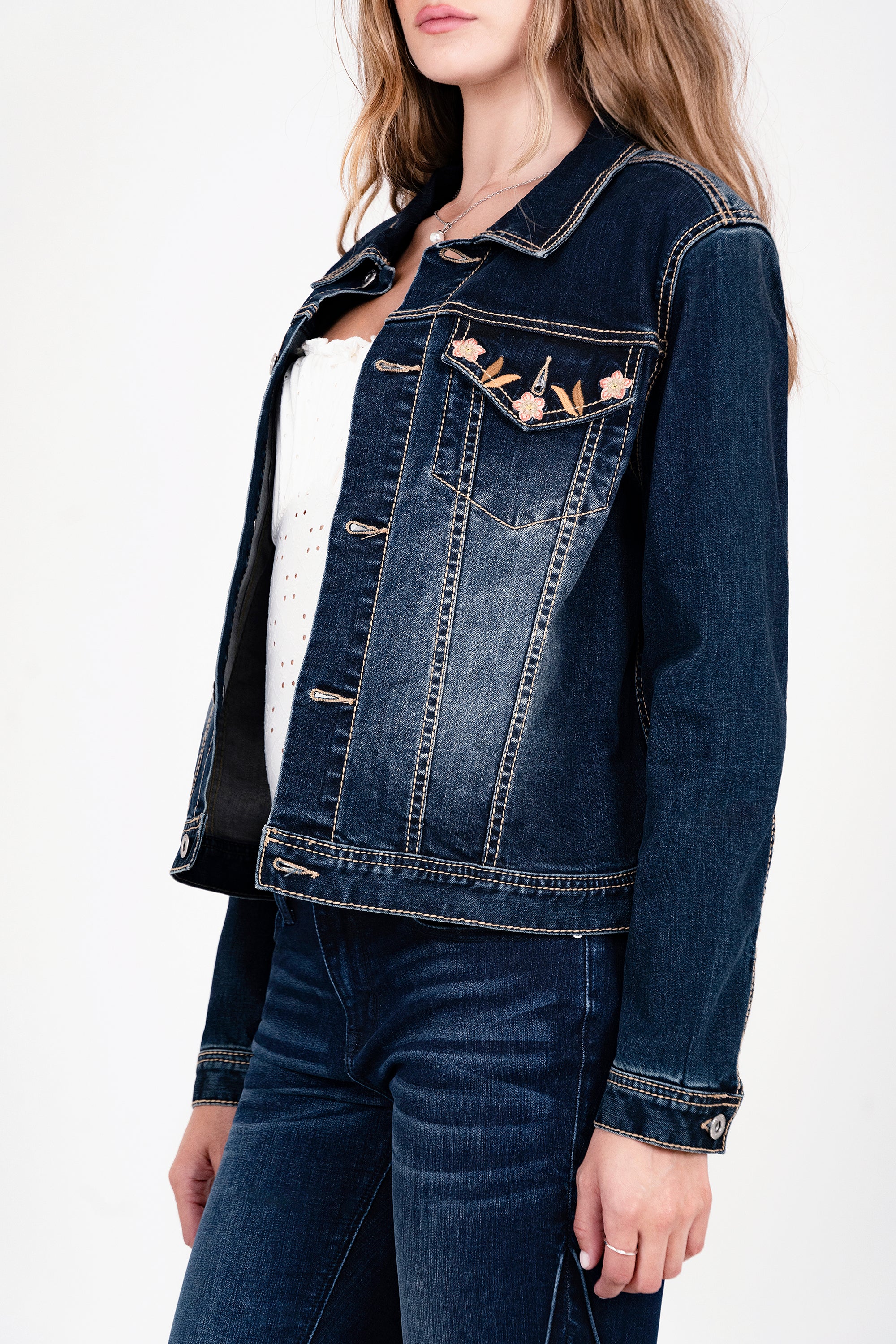 Floral Embroidery Dark Blue Denim Jacket