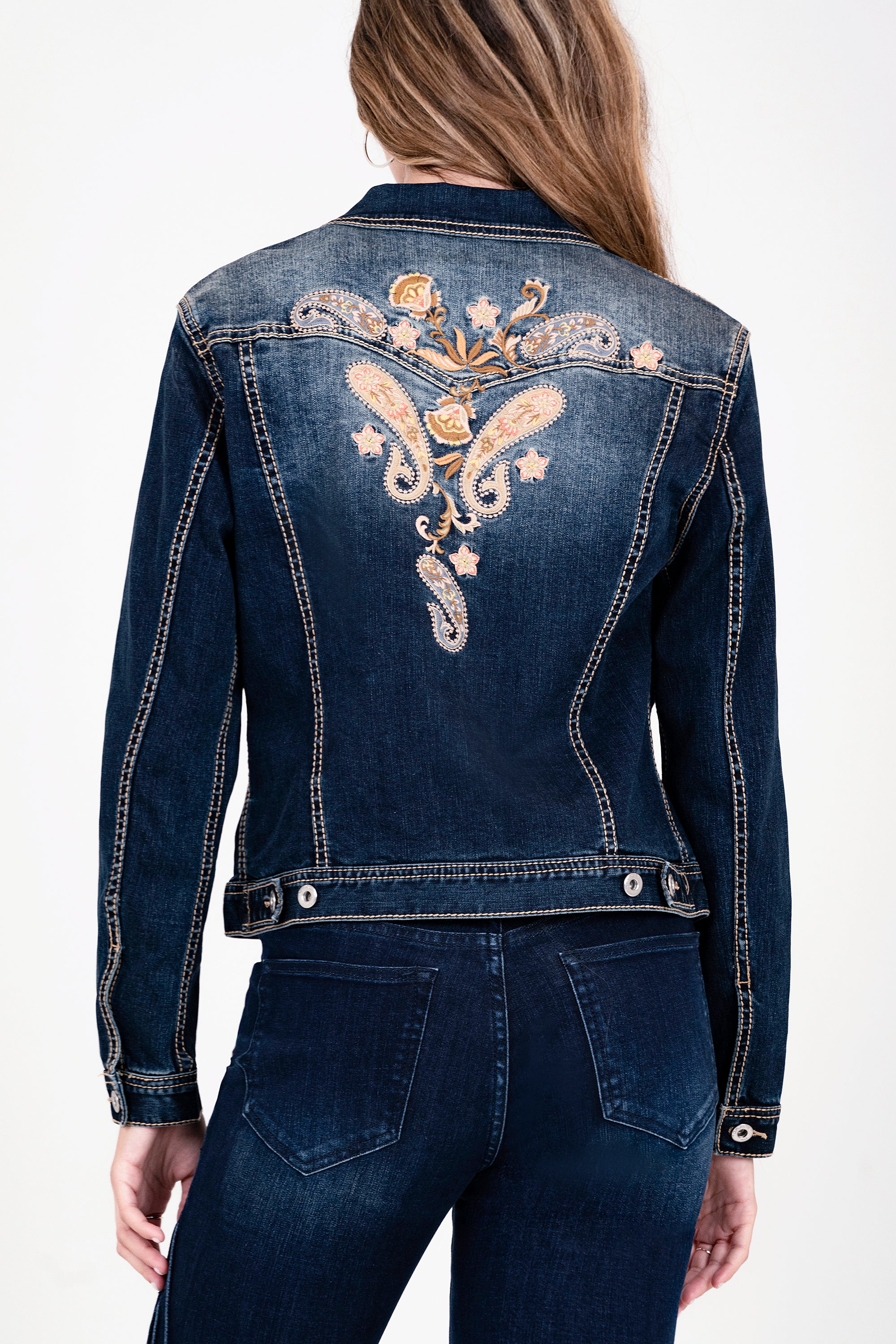 Floral Embroidery Dark Blue Denim Jacket