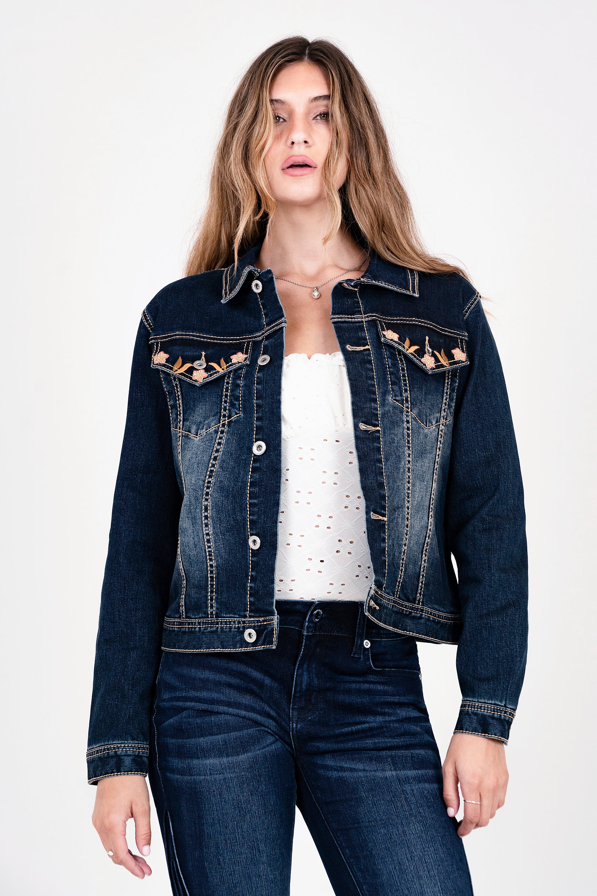 Floral Embroidery Dark Blue Denim Jacket