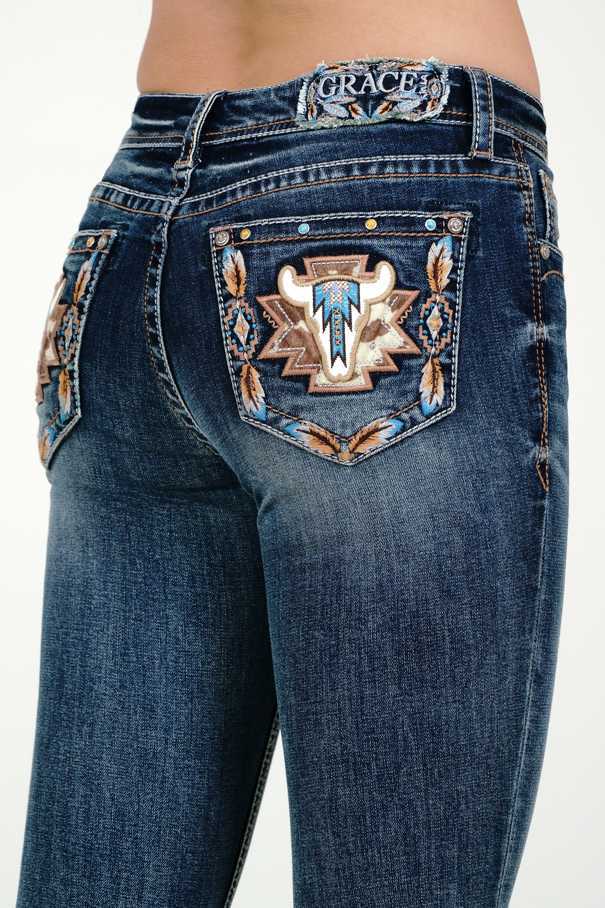 Steer Head Embellished Mid Rise  Bootcut Jeans