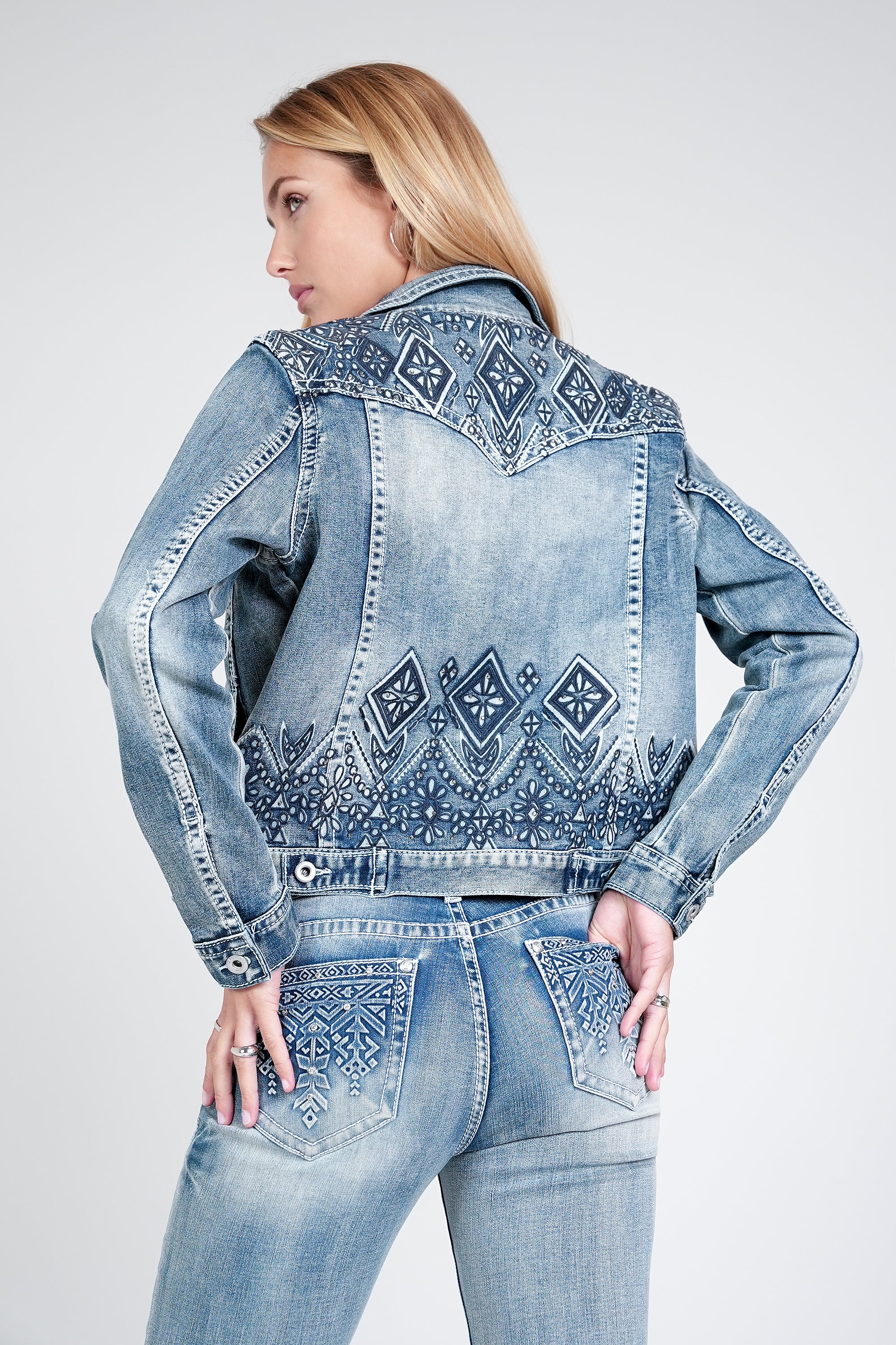 Aztec 3D Printing Embroidery Denim Jacket