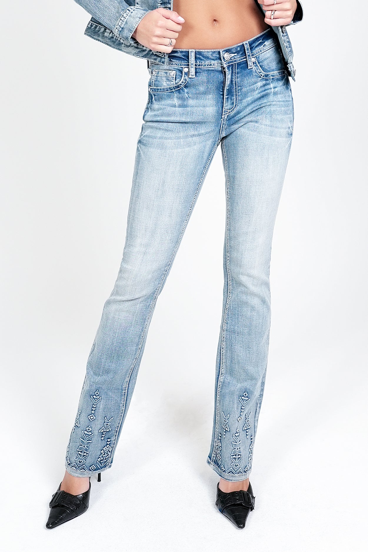 Aztec 3D Rhinestone Pocket Mid Rise Jeans