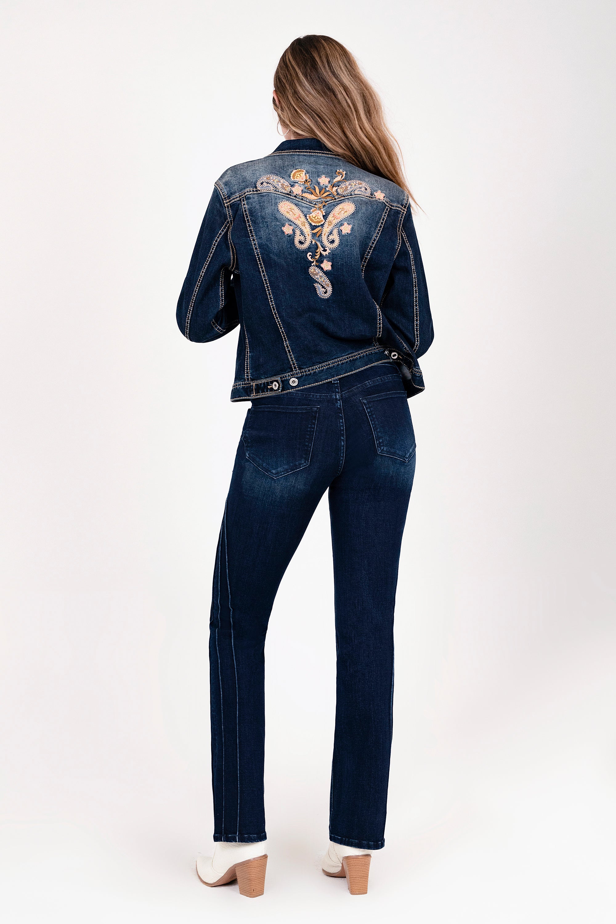 Floral Embroidery Dark Blue Denim Jacket