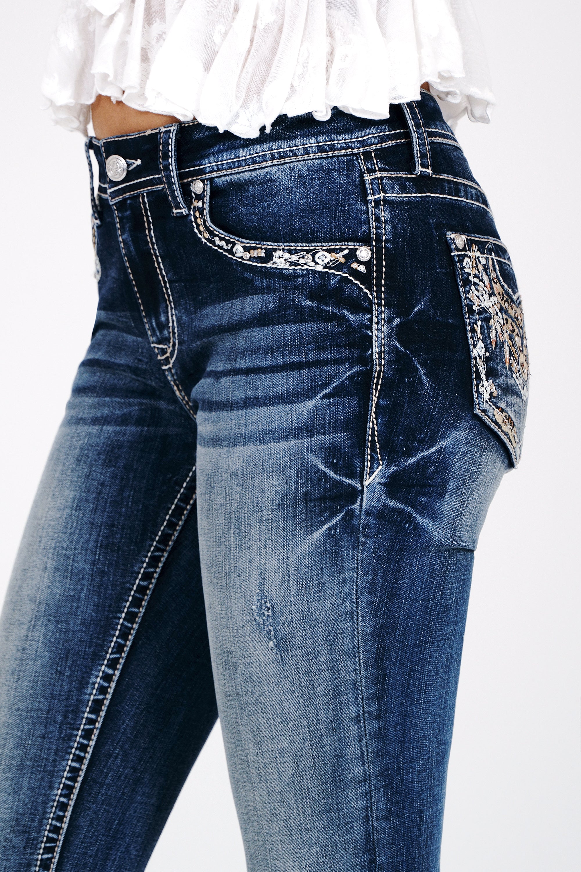 Steer Head Embroidery Mid Rise  Bootcut Jeans