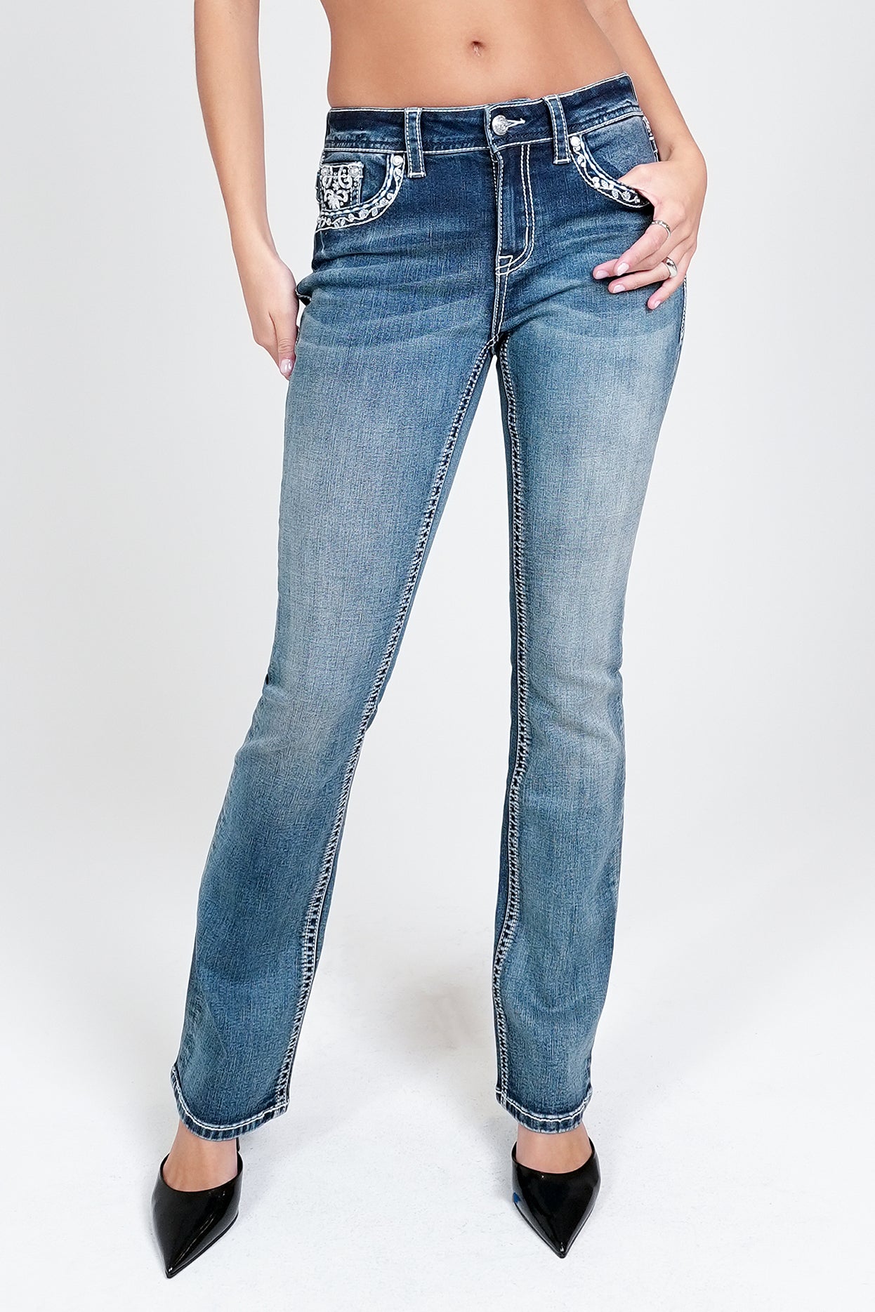 Western Embroidery Yoke Details Embellished Mid Rise Bootcut Jeans