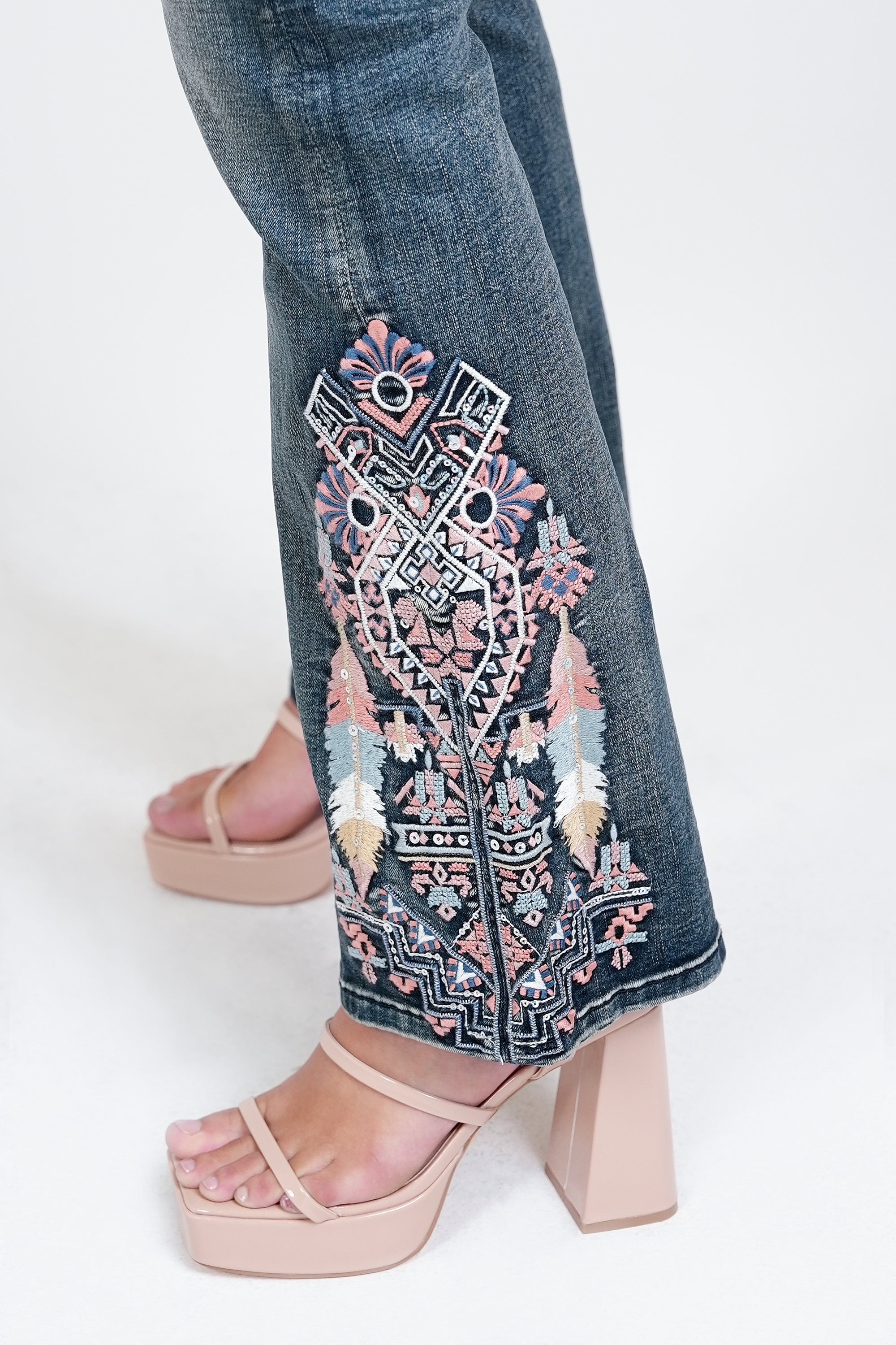 Sustainable Boho Embroidered Mid-Rise Bootcut Jeans with Recycled Lycra