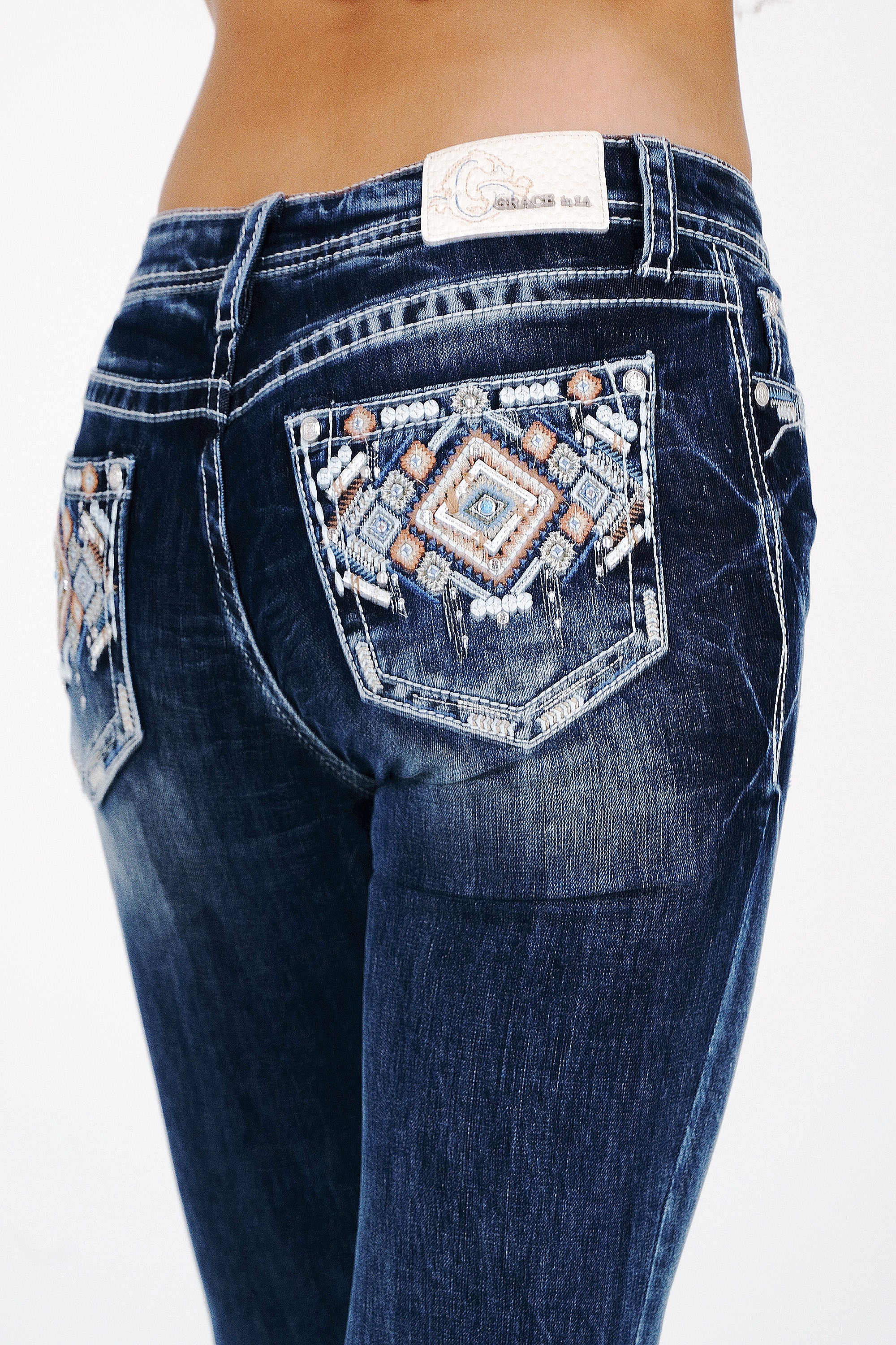 Aztec Embroidery Mid Rise  Bootcut Jeans