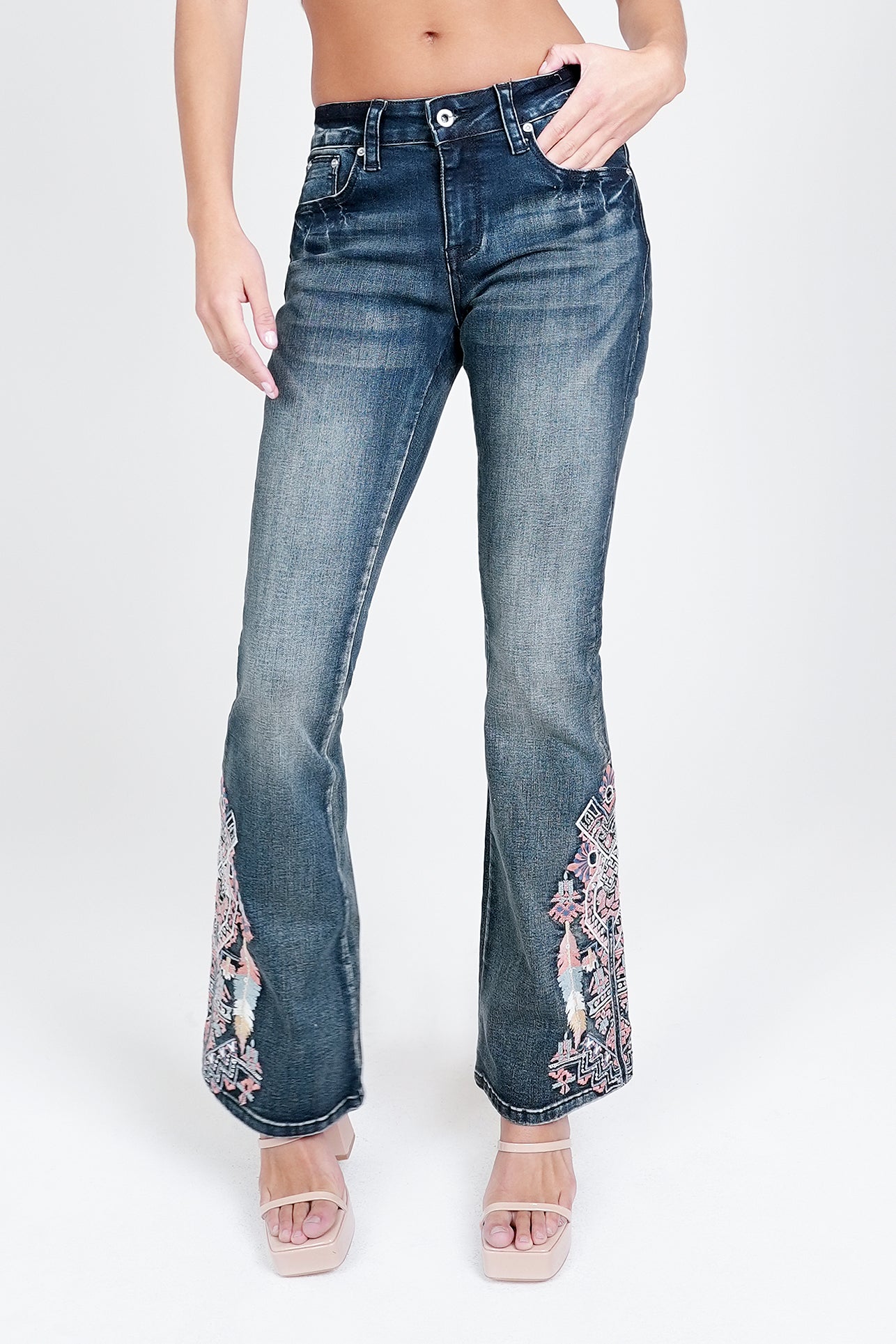 Sustainable Boho Embroidered Mid-Rise Bootcut Jeans with Recycled Lycra