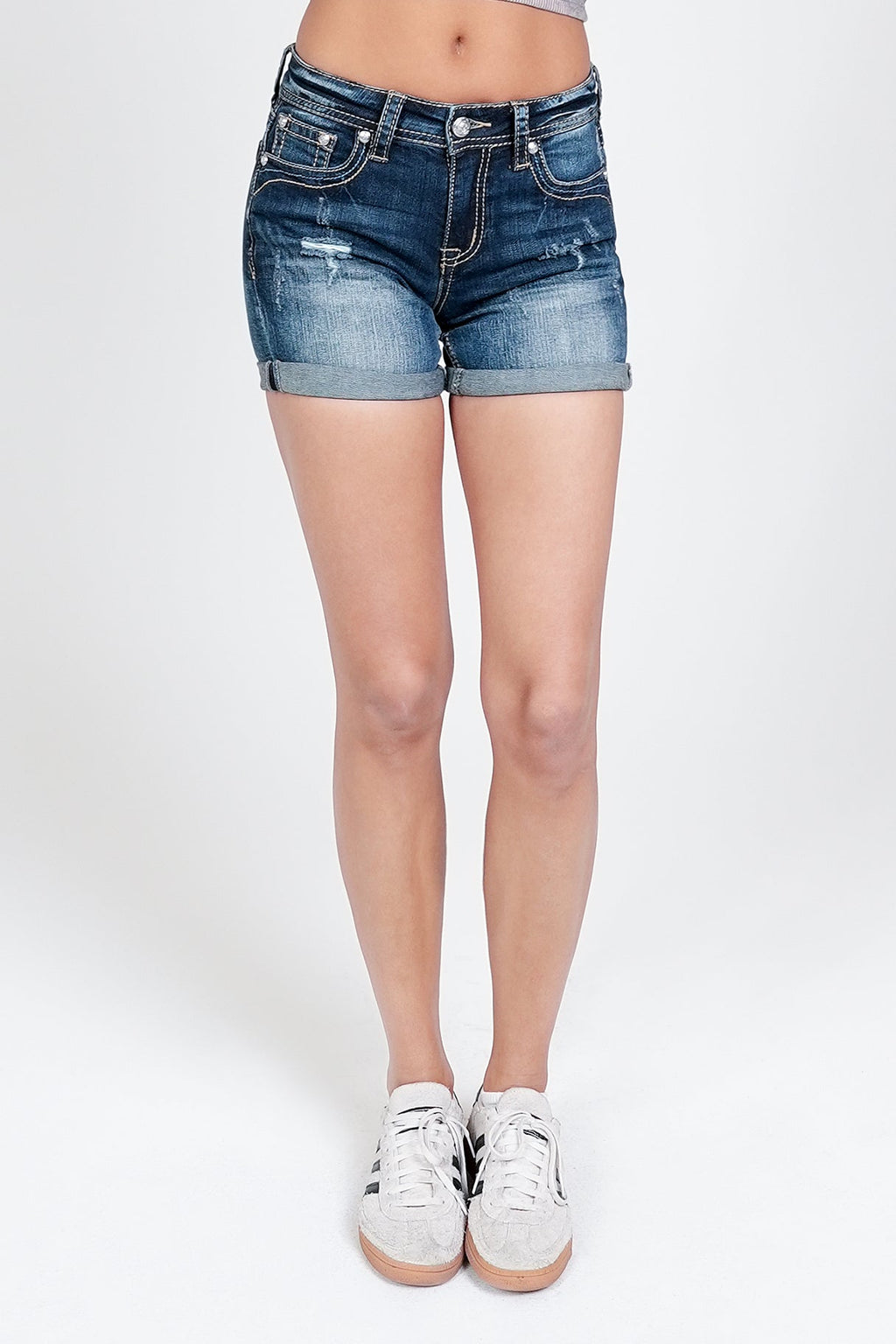 Distressed Medium Wash Mid Rise Denim Shorts Grace in LA - Denim