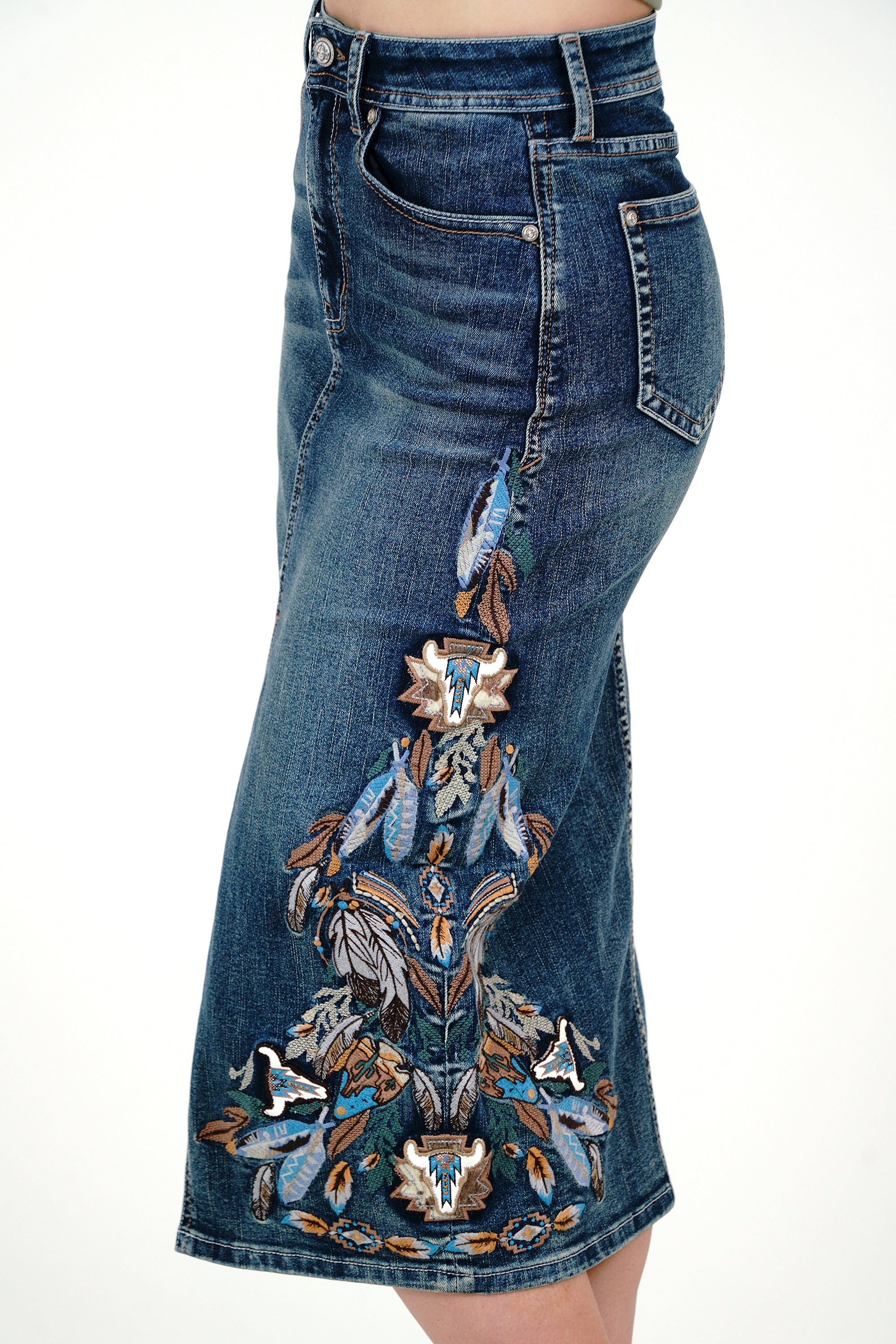 Feather Colorful Embroidery Denim Skirt