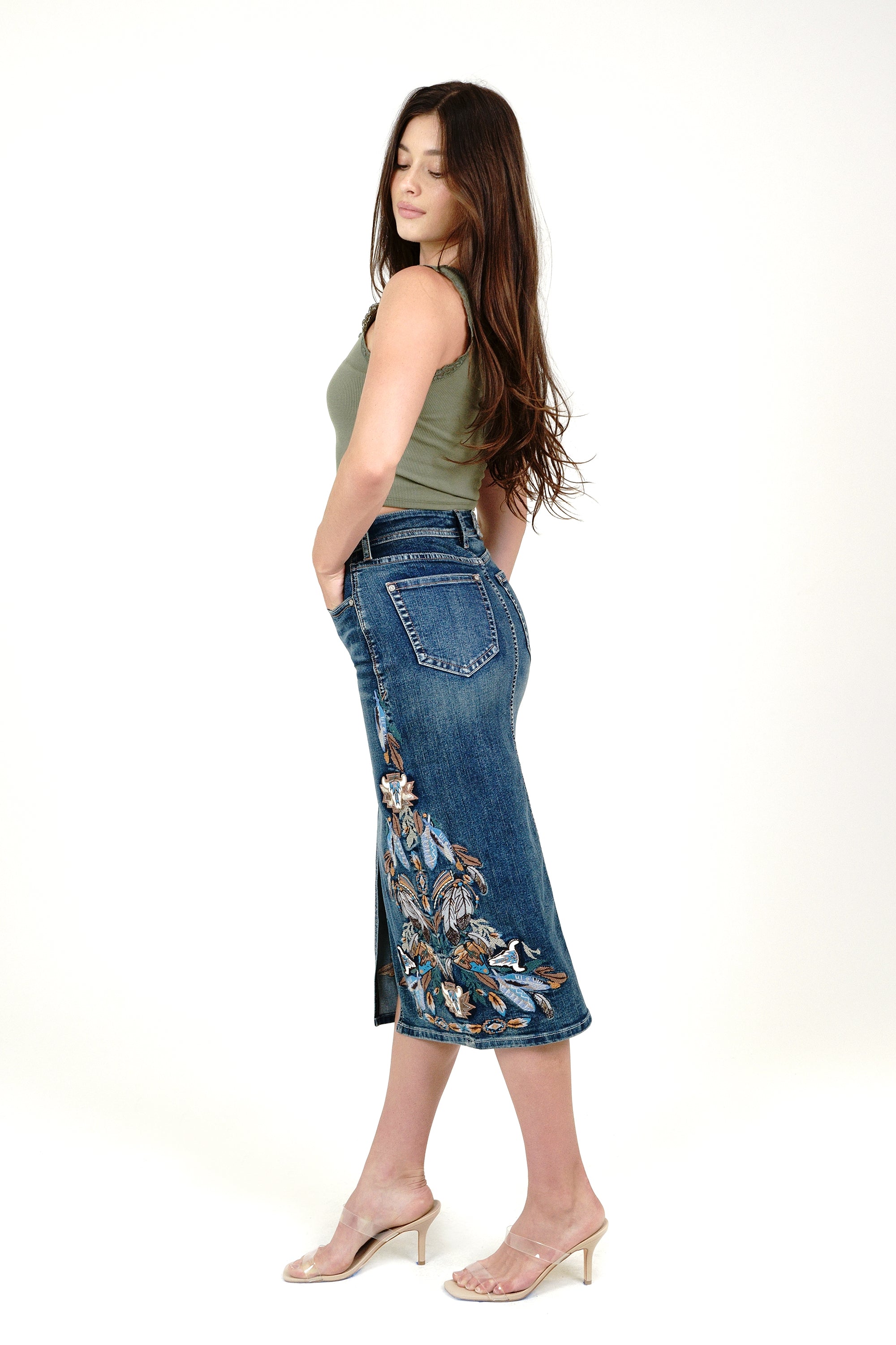 Feather Colorful Embroidery Denim Skirt