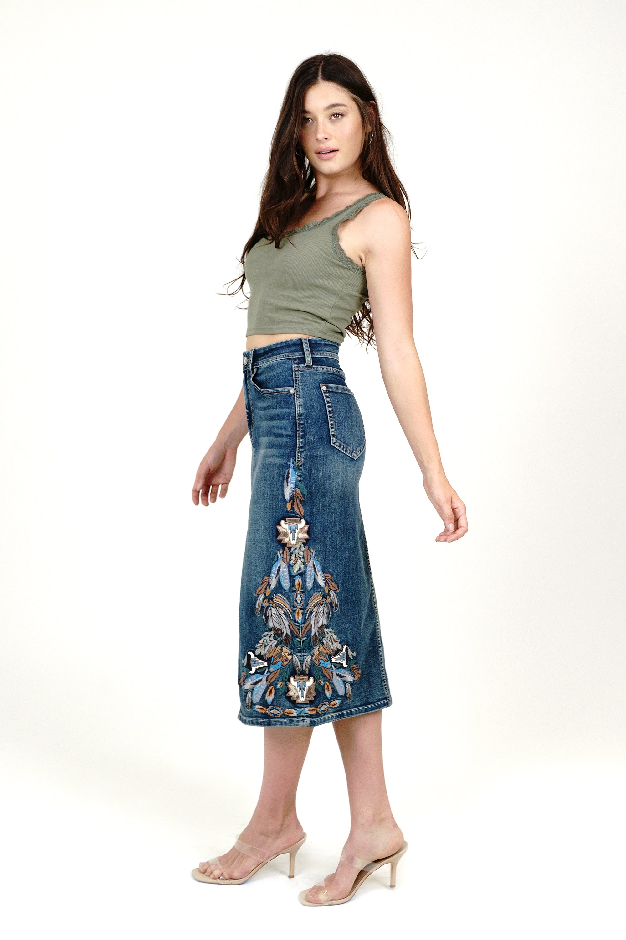 Feather Colorful Embroidery Denim Skirt