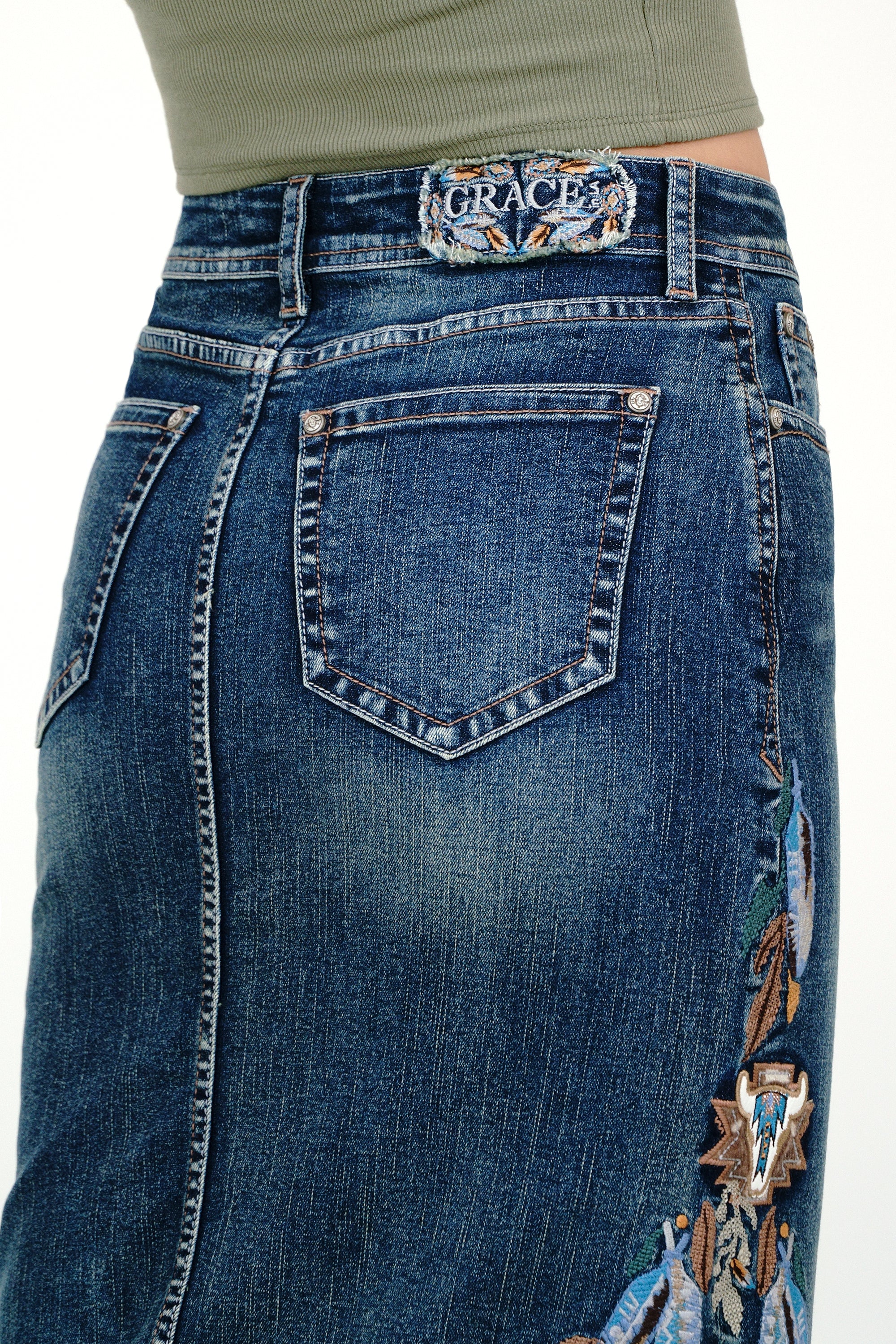 Feather Colorful Embroidery Denim Skirt