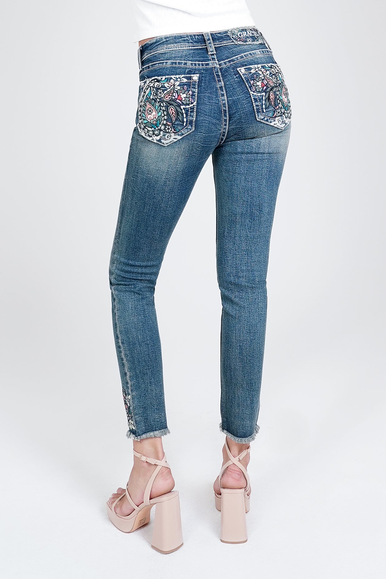 Floral Embroidered Hem Details Mid Rise Skinny Jeans